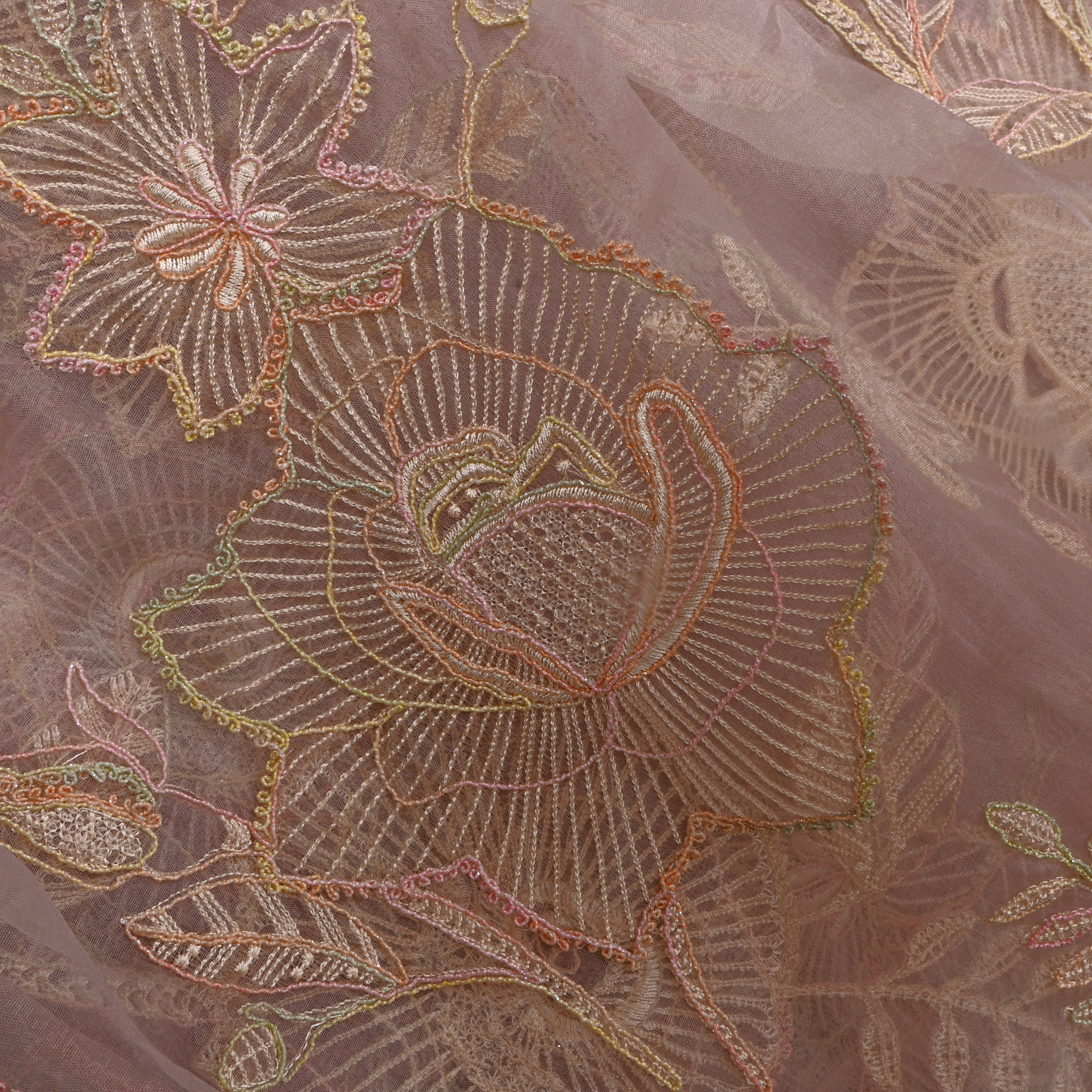Pastel Lavender Organza With Floral Thread Work