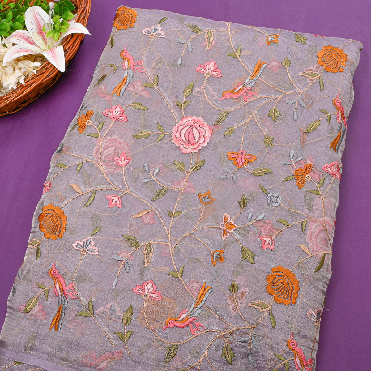 Purple Floral Jaal Thread Work Tissue Fabric