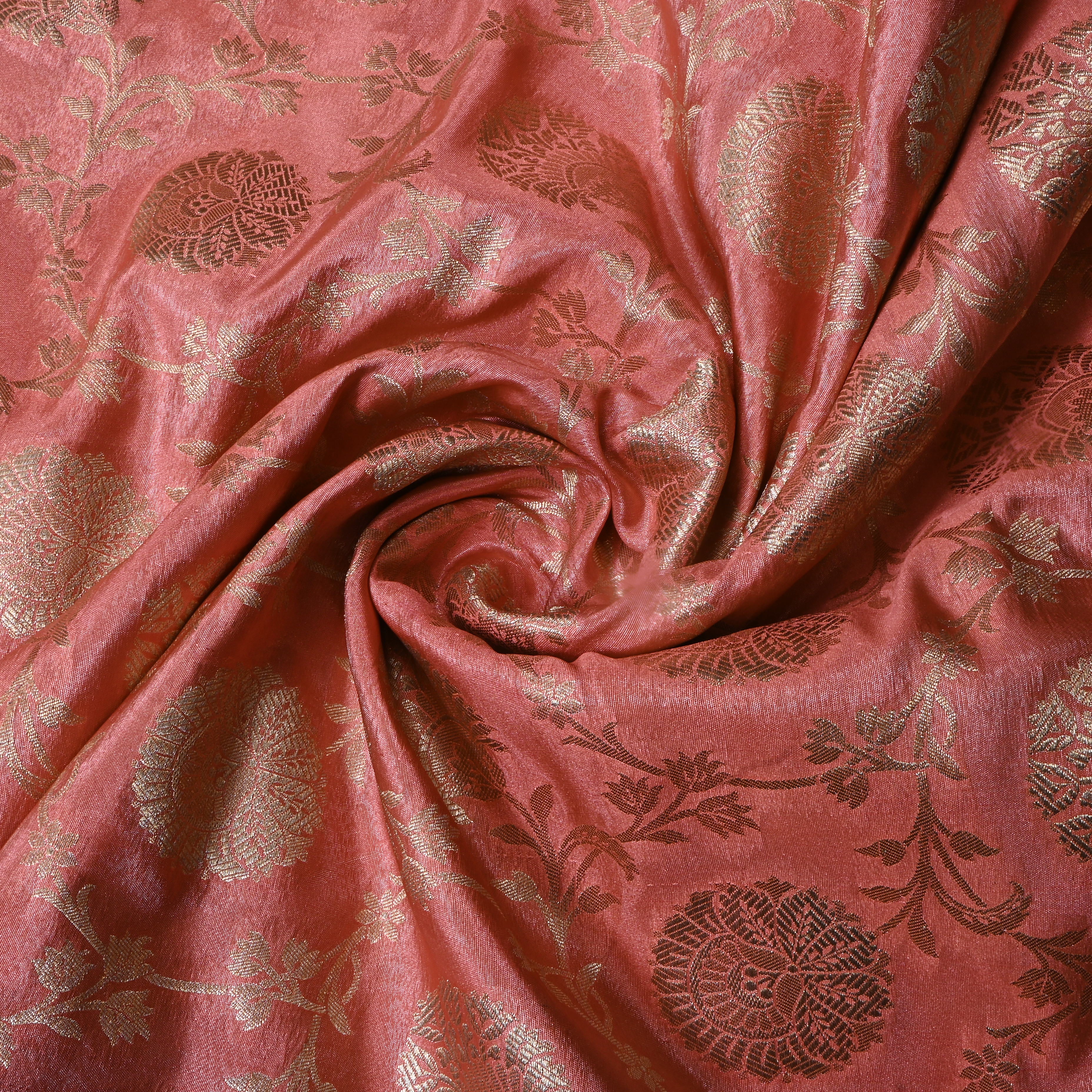 Pastel Peach Pink Floral Jamawar Silk Fabric