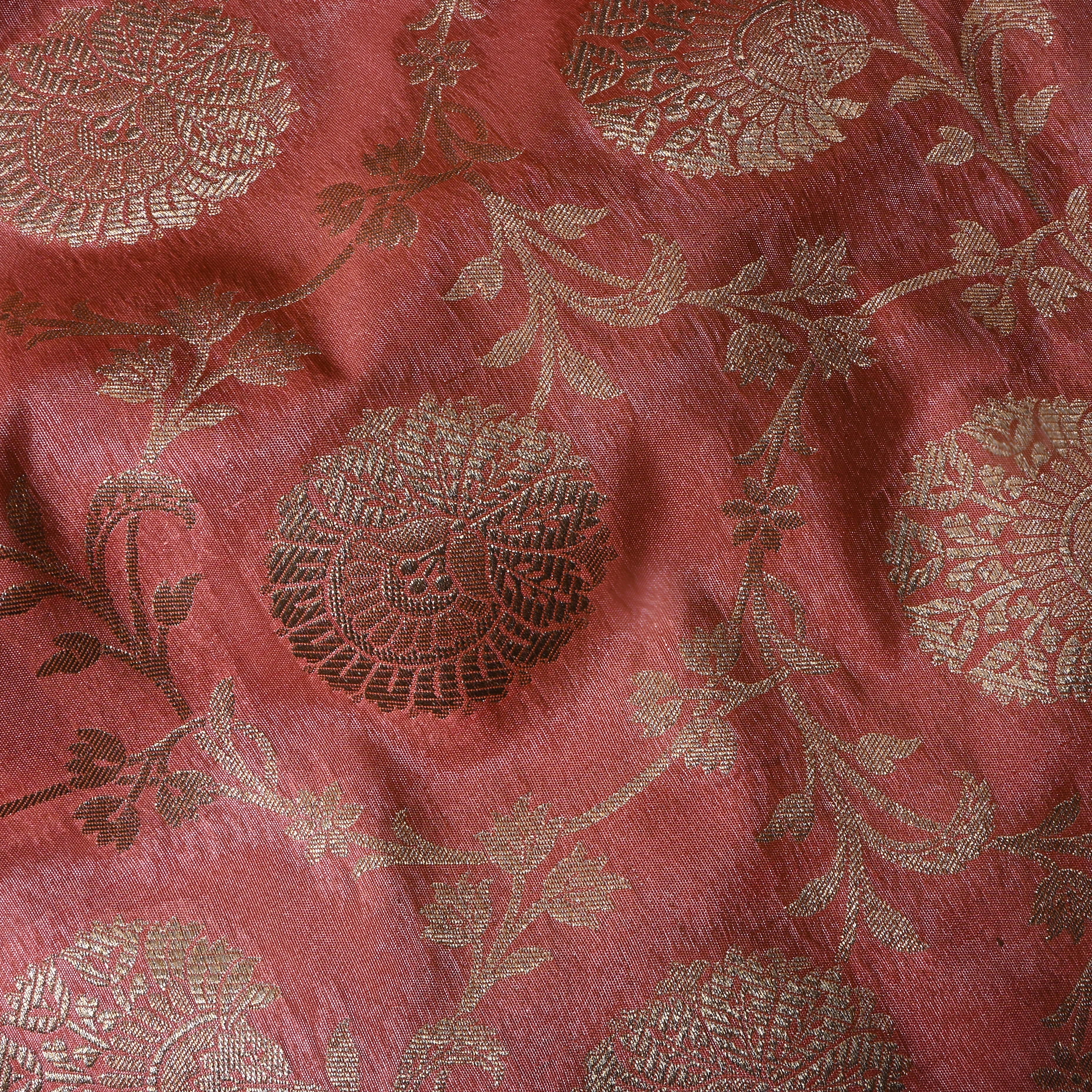 Pastel Peach Pink Floral Jamawar Silk Fabric