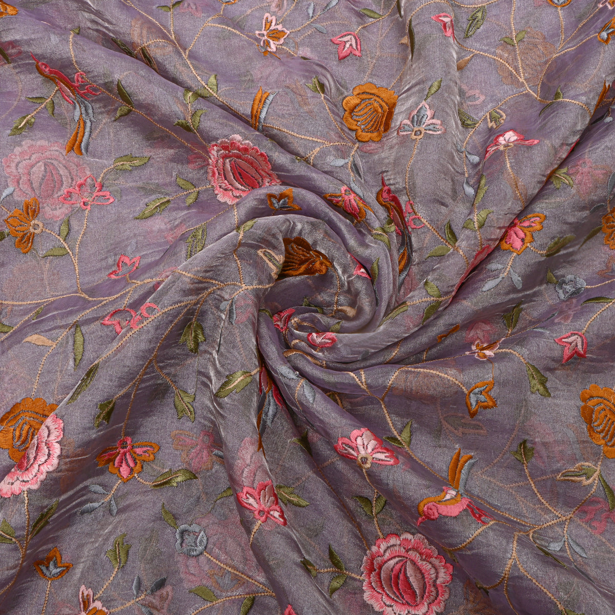 Purple Floral Jaal Thread Work Tissue Fabric