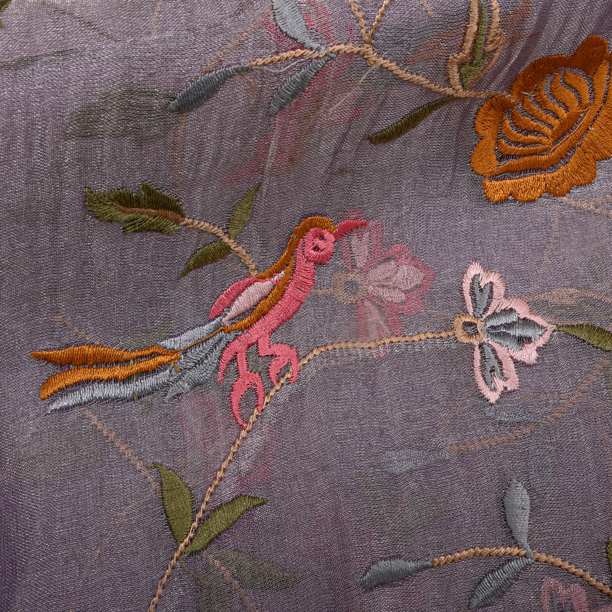 Purple Floral Jaal Thread Work Tissue Fabric