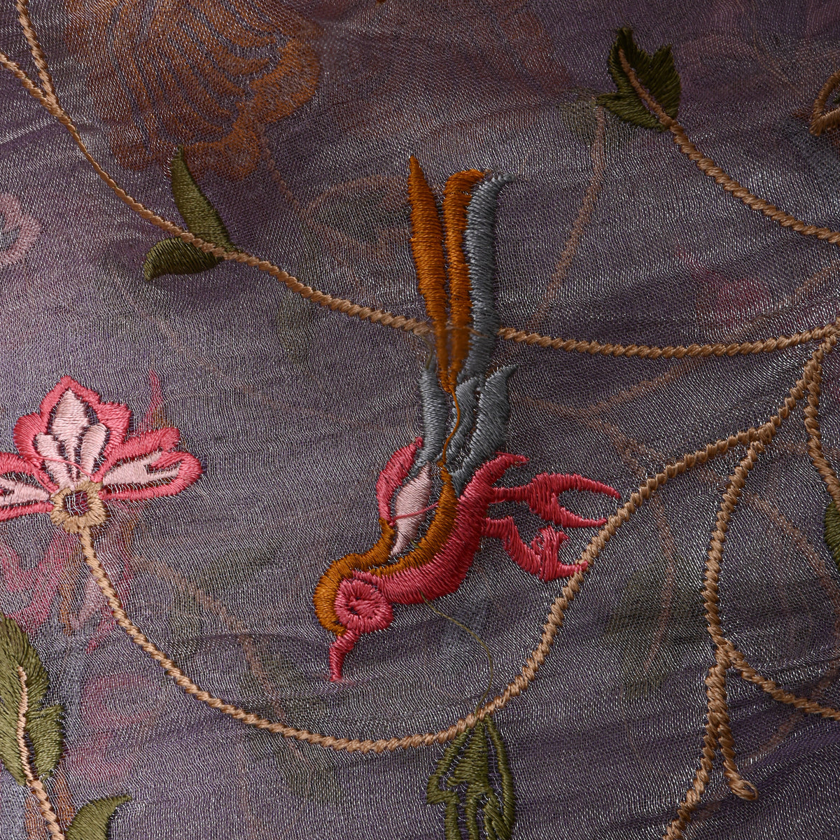 Purple Floral Jaal Thread Work Tissue Fabric