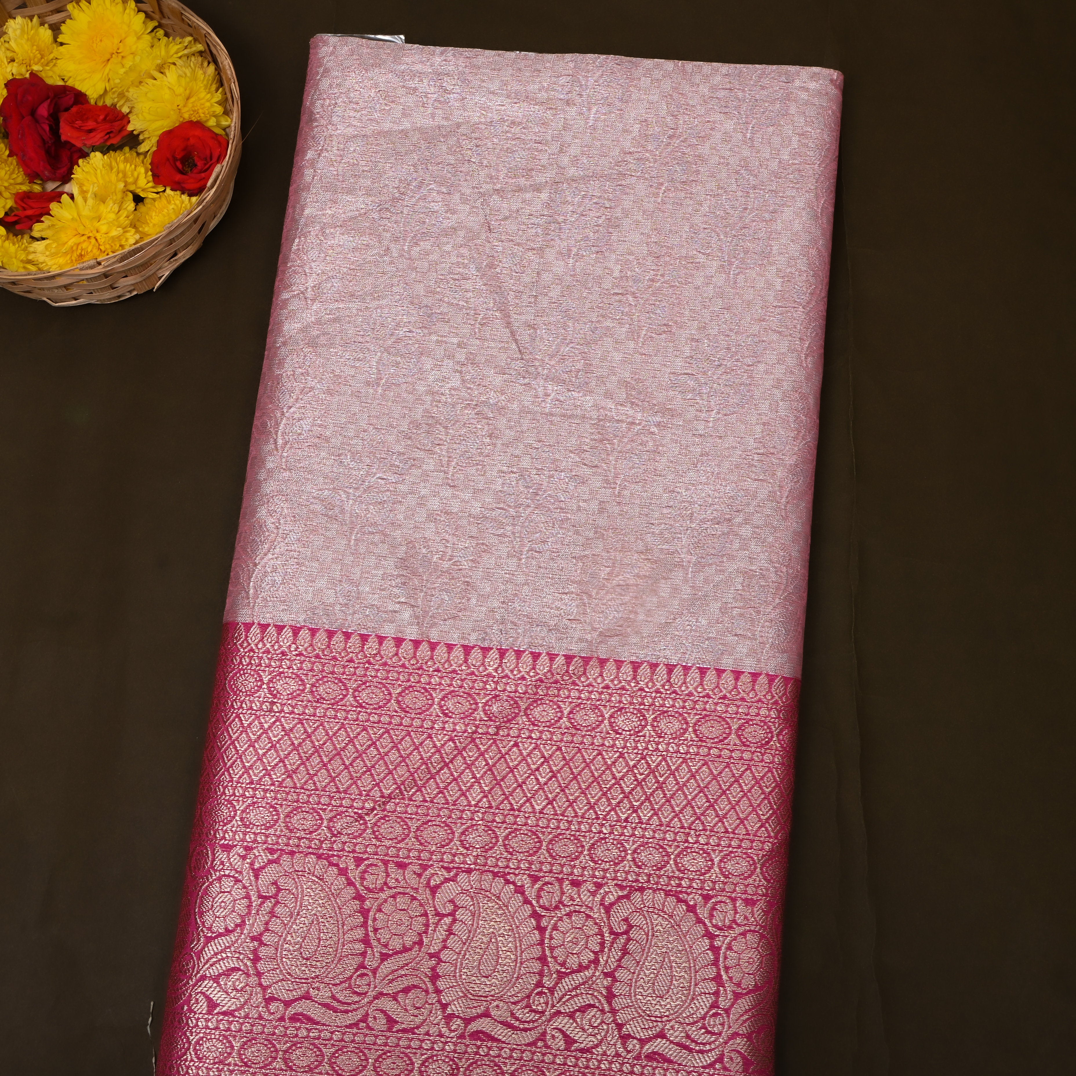 Blush Pink Magenta Paisley Border Jamawar Silk Fabric