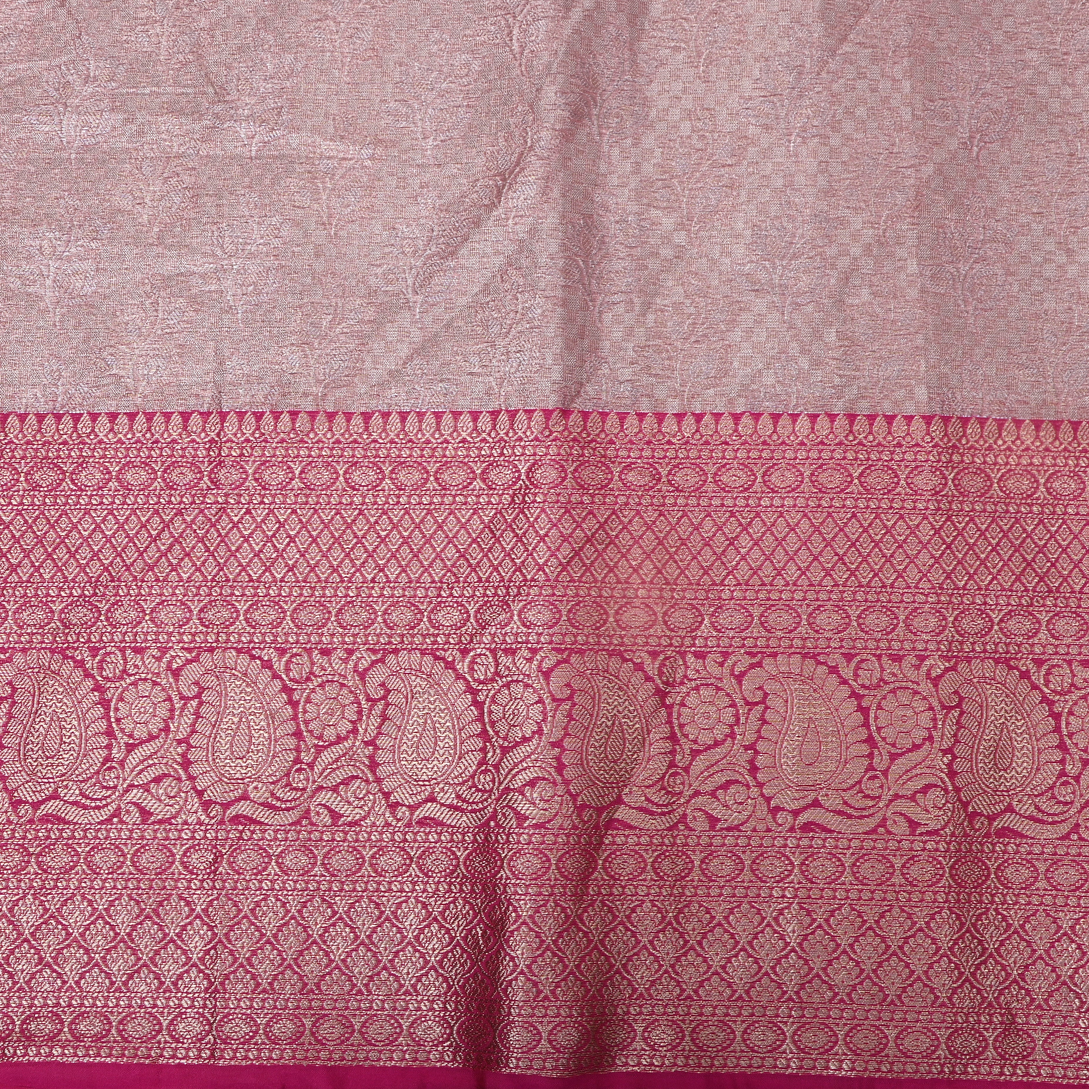 Blush Pink Magenta Paisley Border Jamawar Silk Fabric