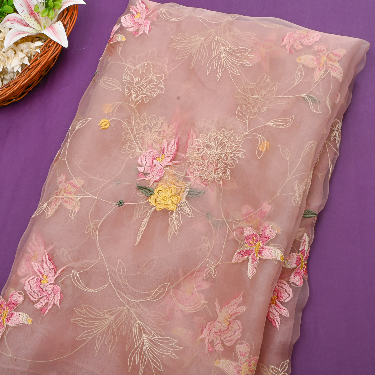 Soft Pink Sequin Floral Jaal Organza Fabric
