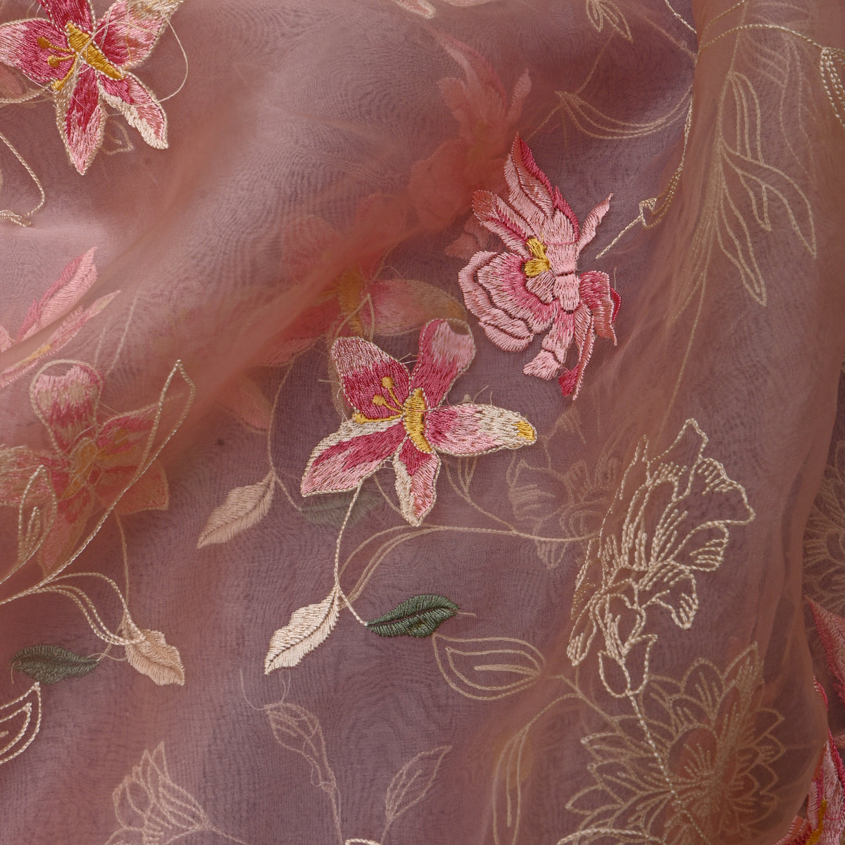 Soft Pink Sequin Floral Jaal Organza Fabric