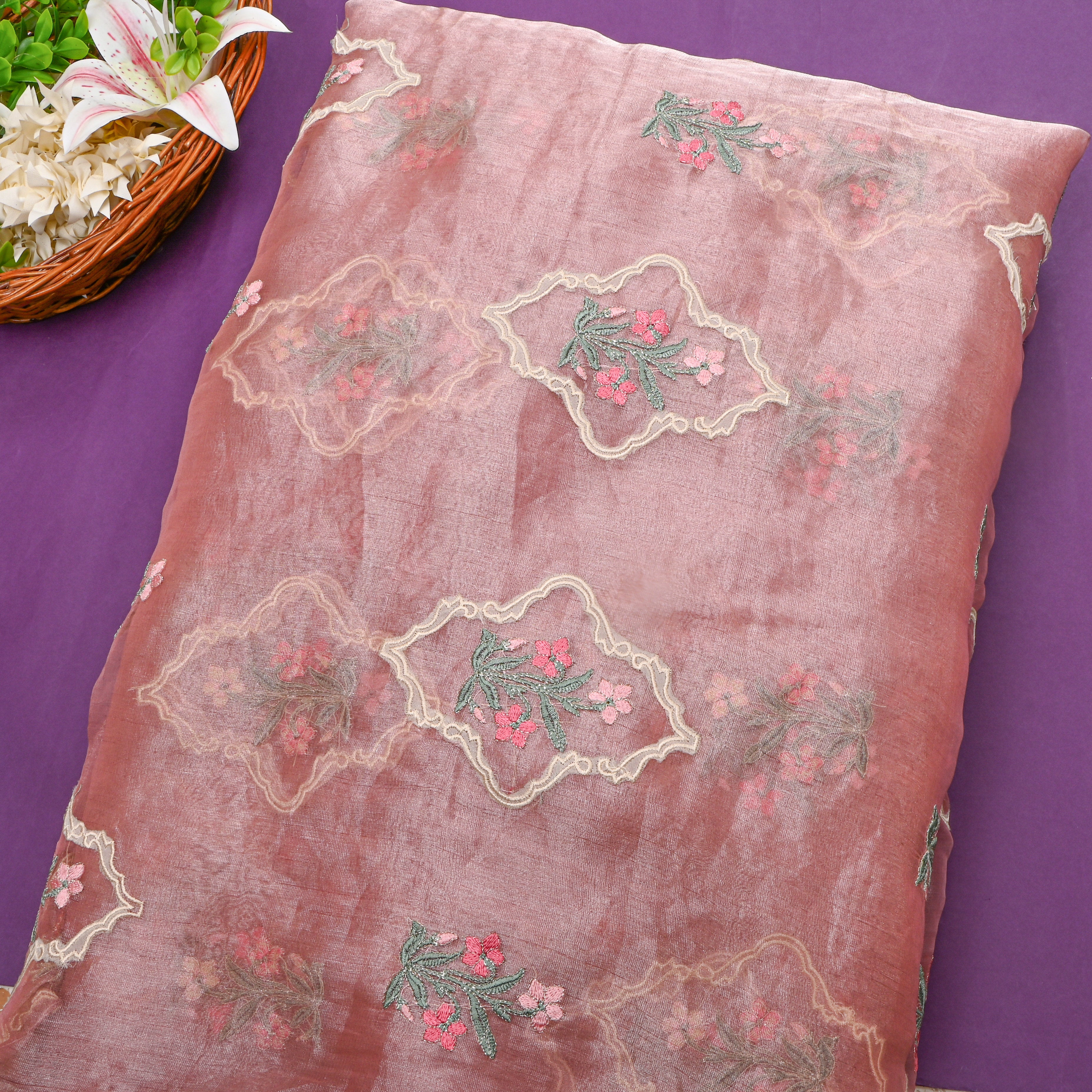 Dark Pink Tissue Fabric With Gold Floral Thread Work