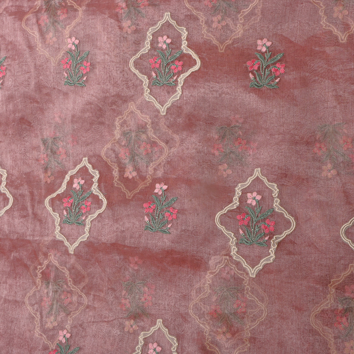 Dark Pink Tissue Fabric With Gold Floral Thread Work