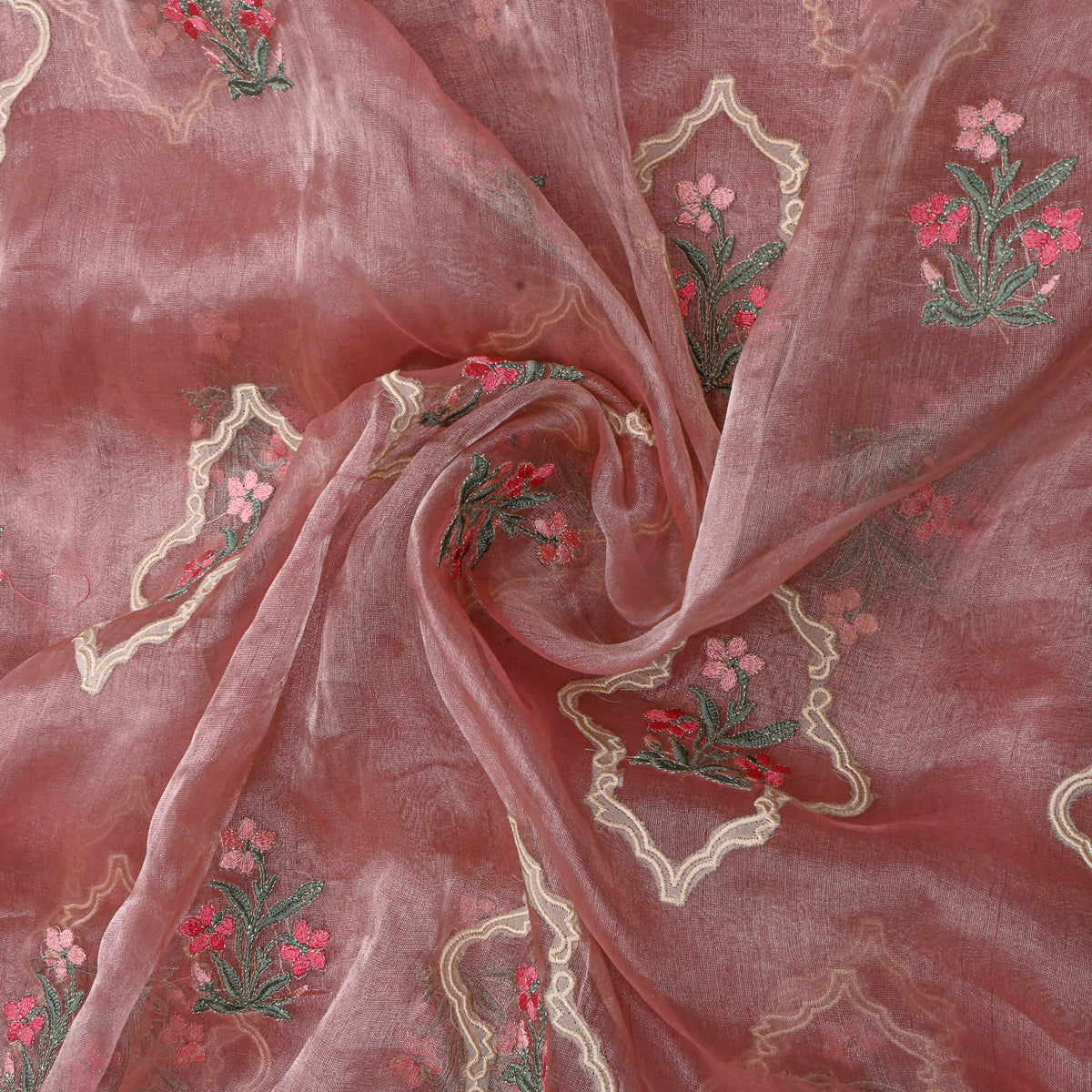 Dark Pink Tissue Fabric With Gold Floral Thread Work