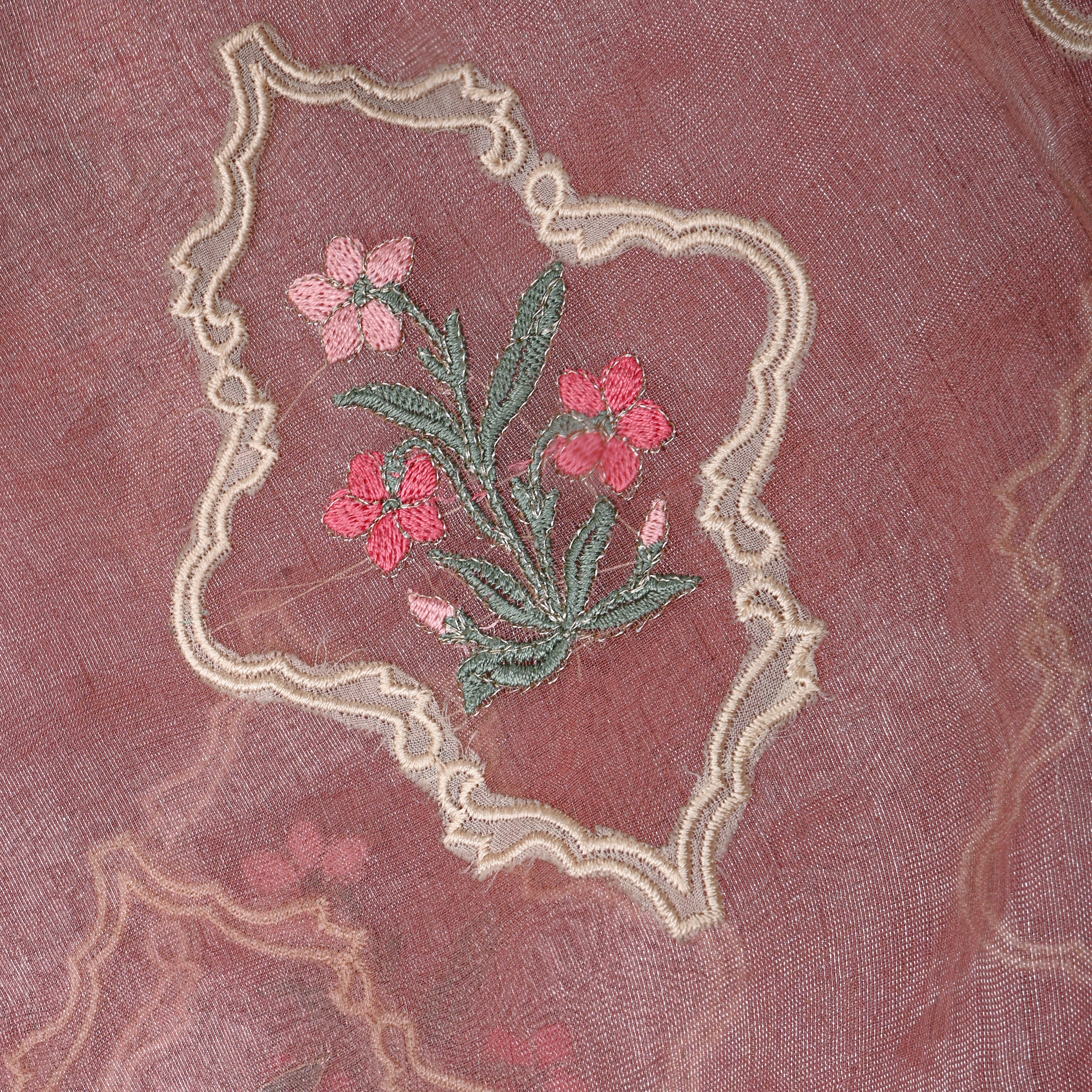 Dark Pink Tissue Fabric With Gold Floral Thread Work