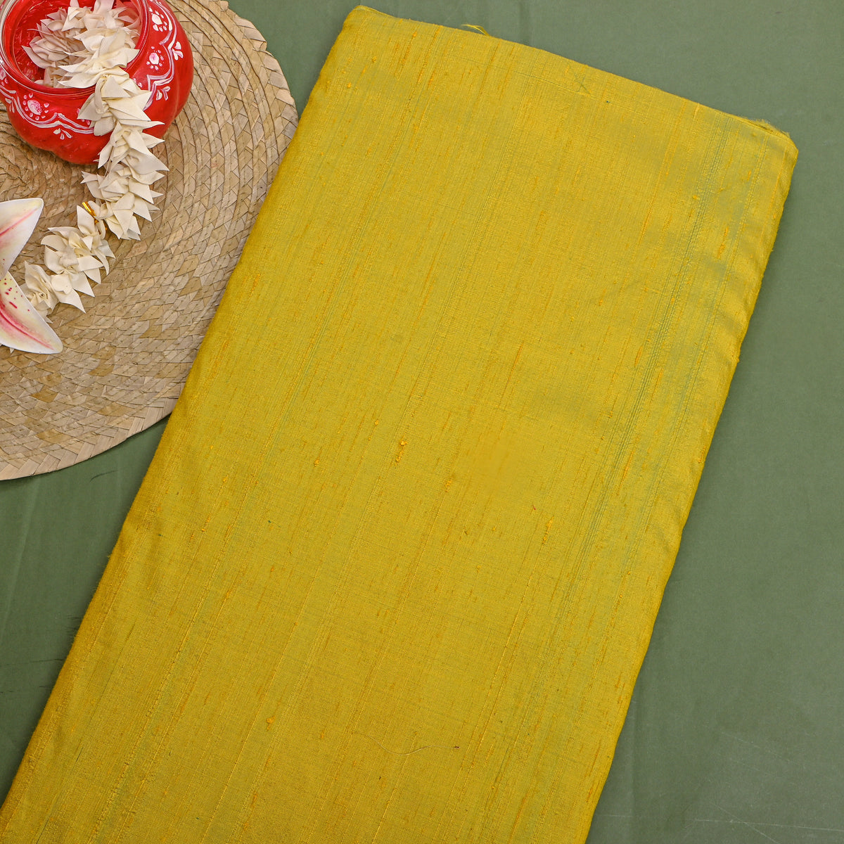 Olive Green Plain Raw Silk Fabric