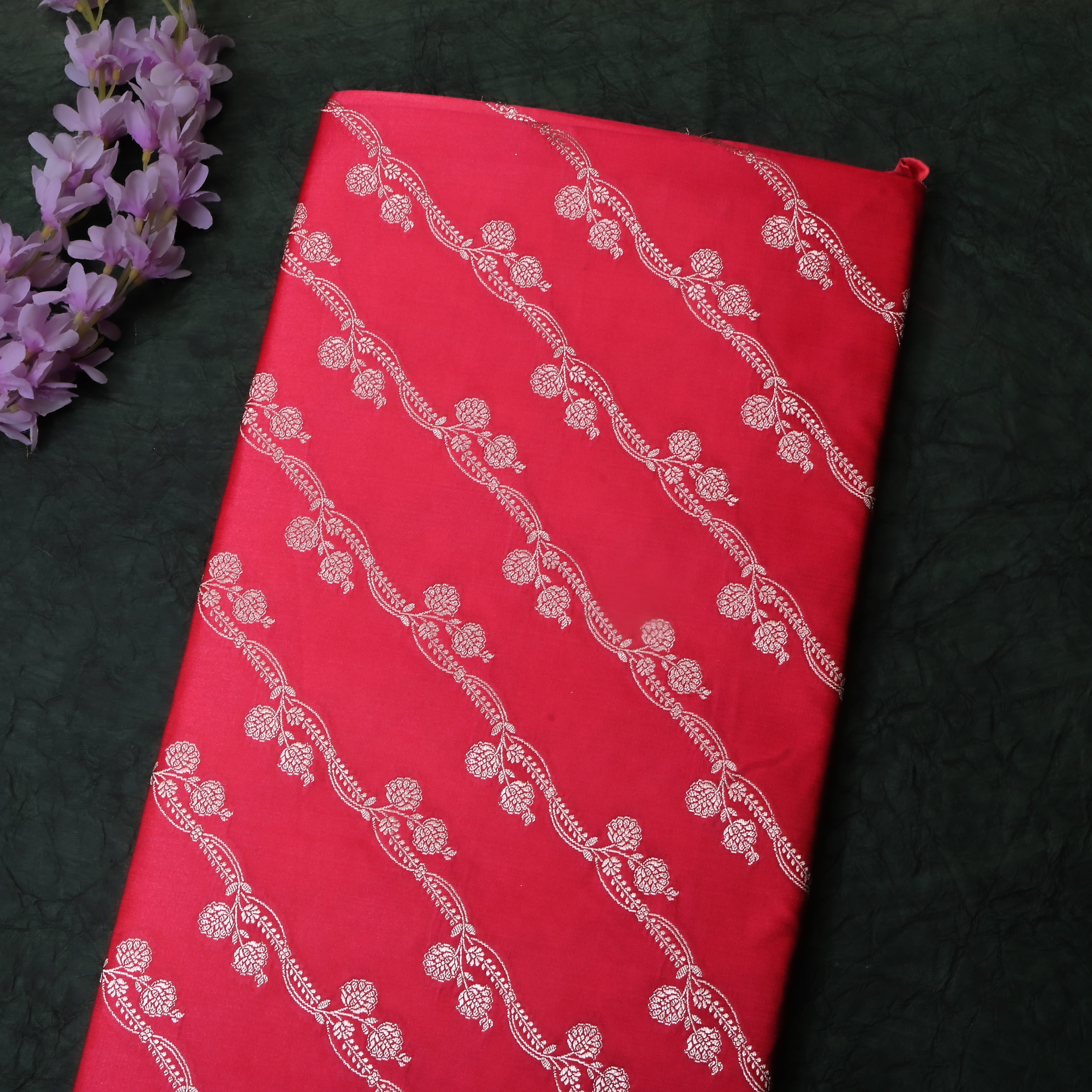 Crimson Pink Floral Woven Jamawar Satin Fabric