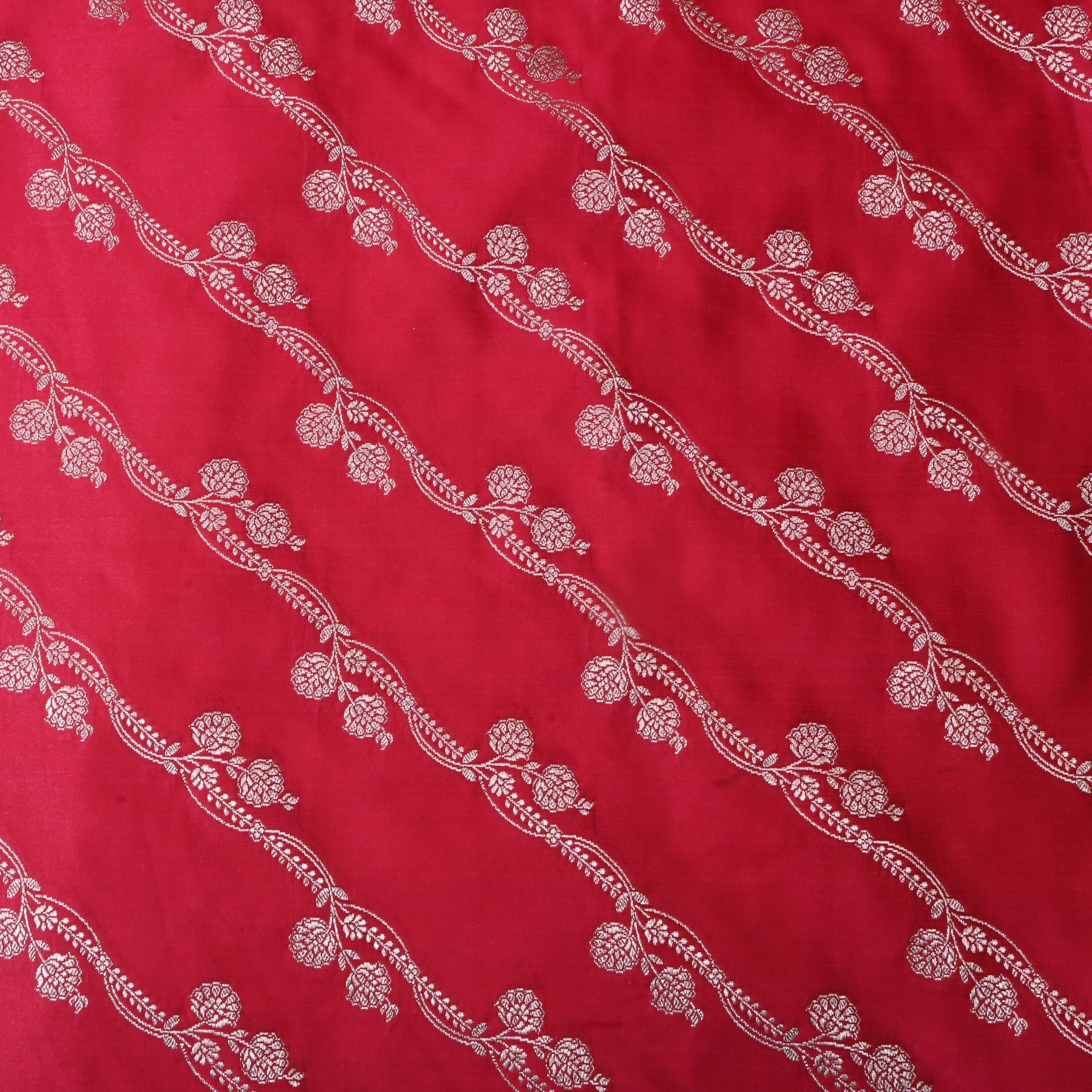 Crimson Pink Floral Woven Jamawar Satin Fabric
