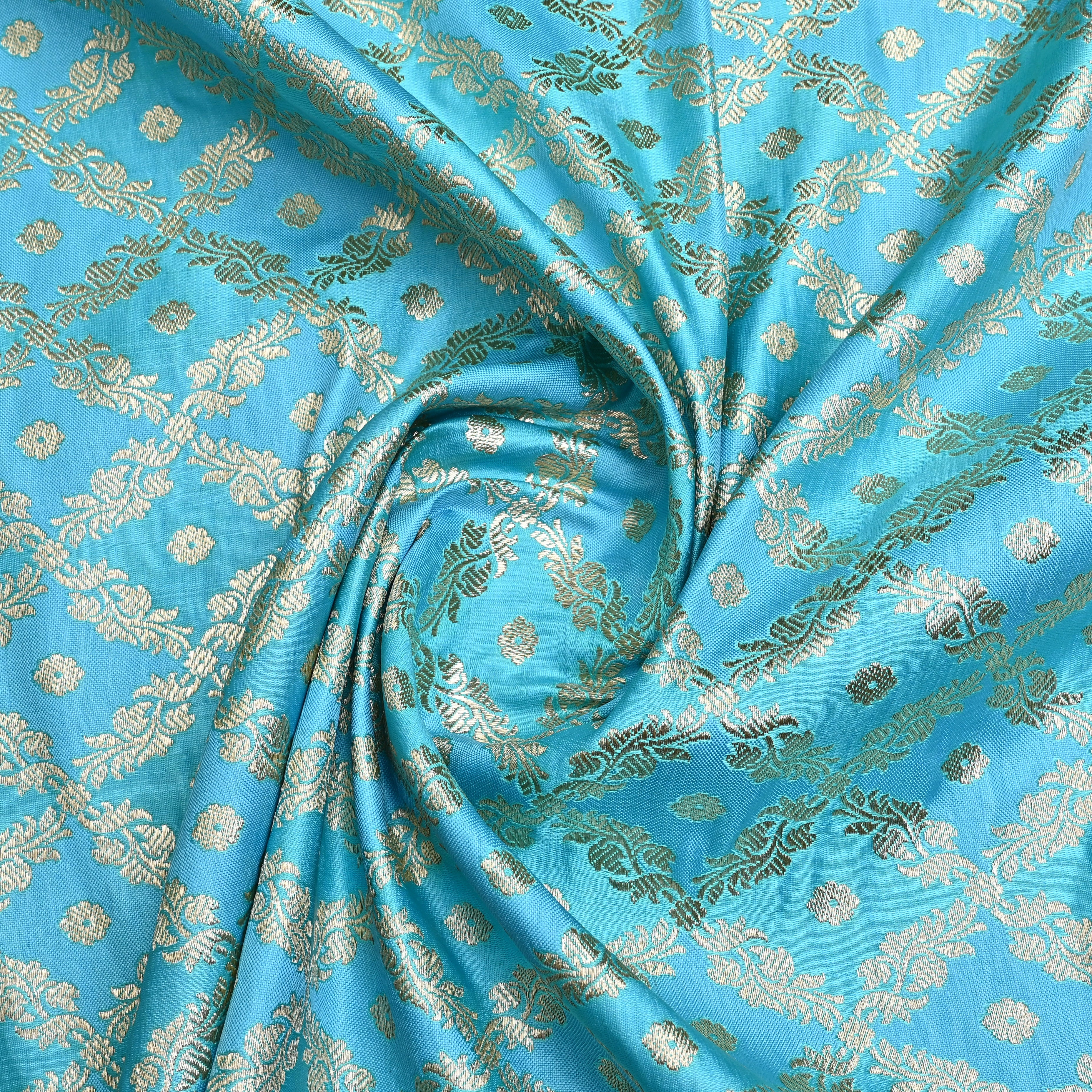 Cyan Blue Banarasi Fabric With Checks Pattern