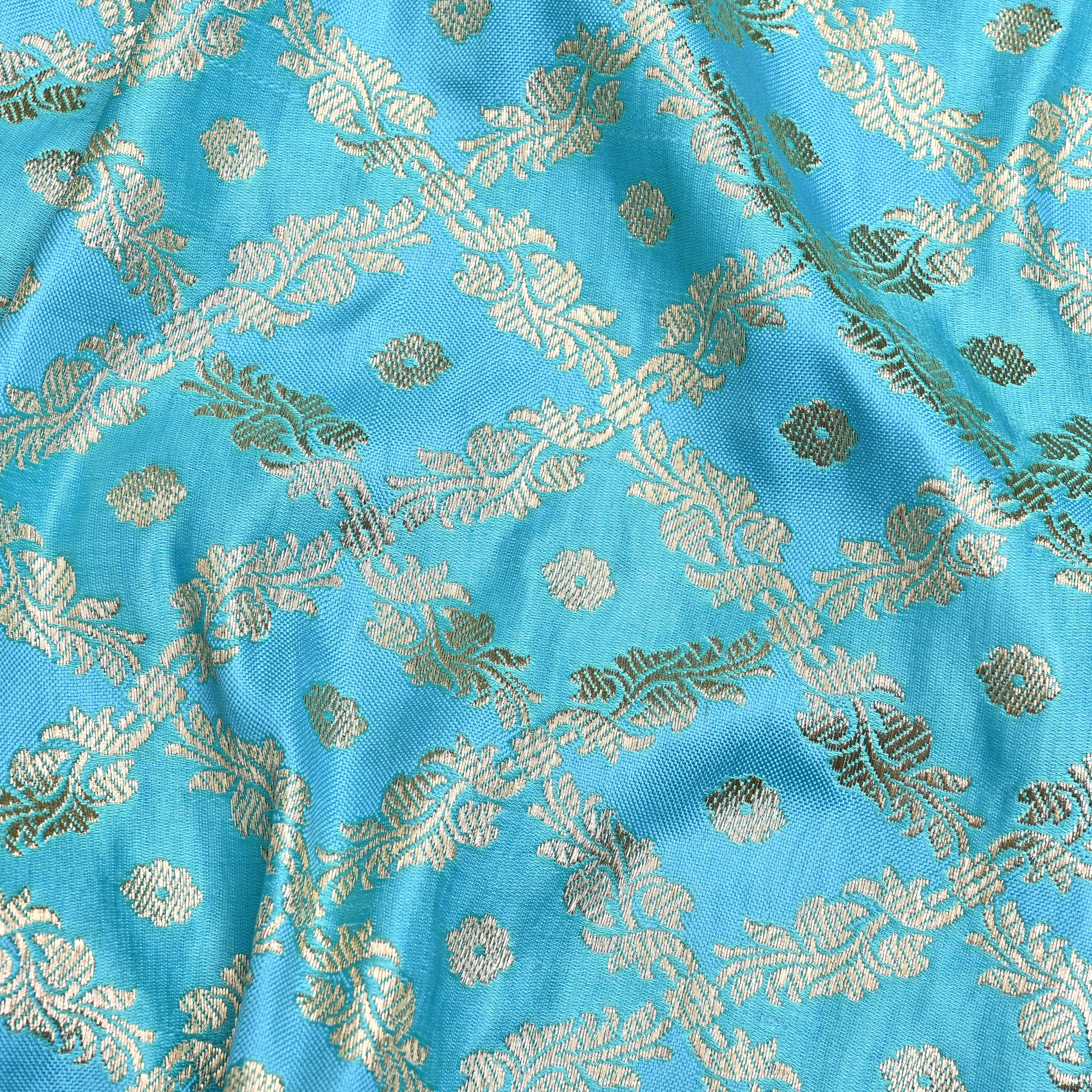 Cyan Blue Banarasi Fabric With Checks Pattern