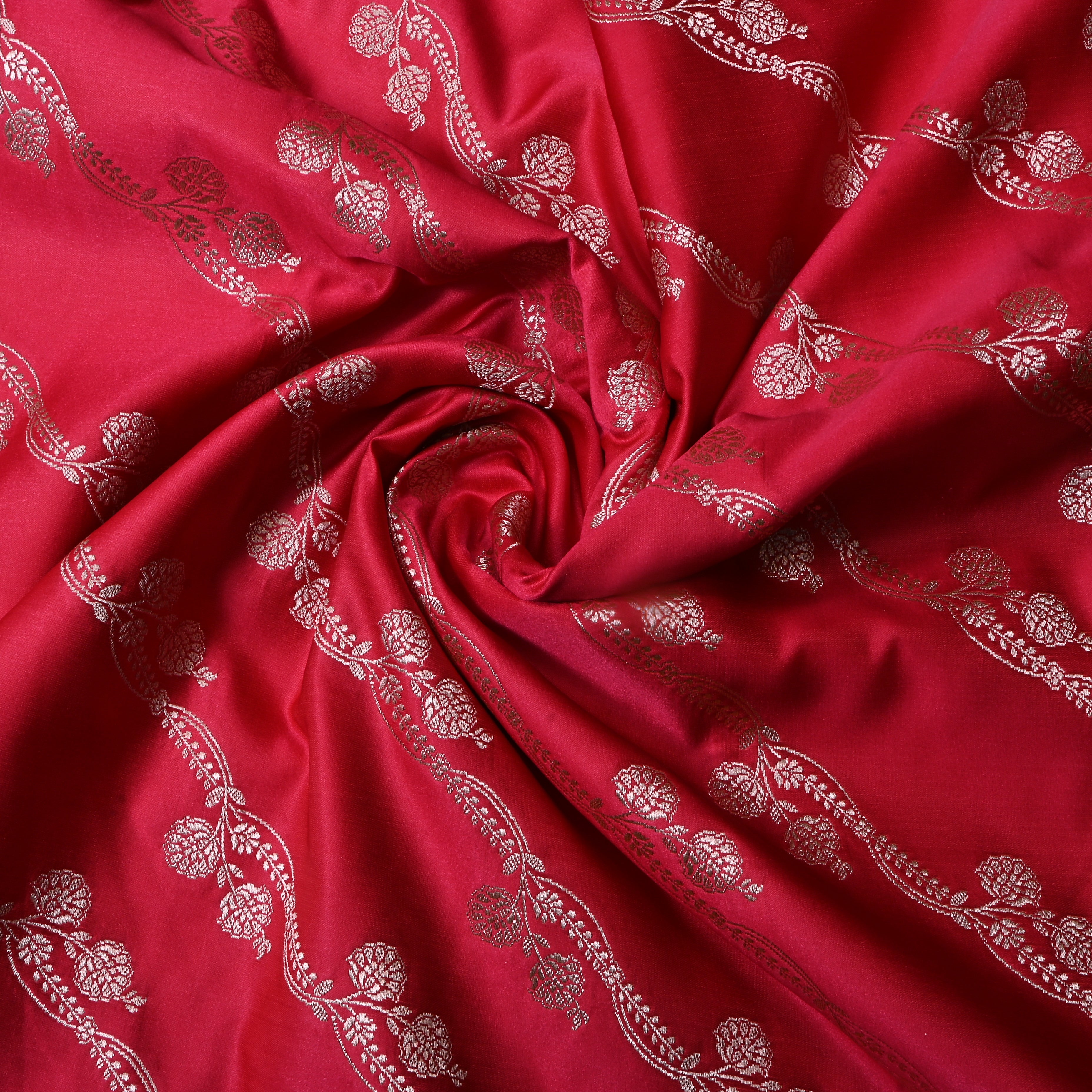 Crimson Pink Floral Woven Jamawar Satin Fabric