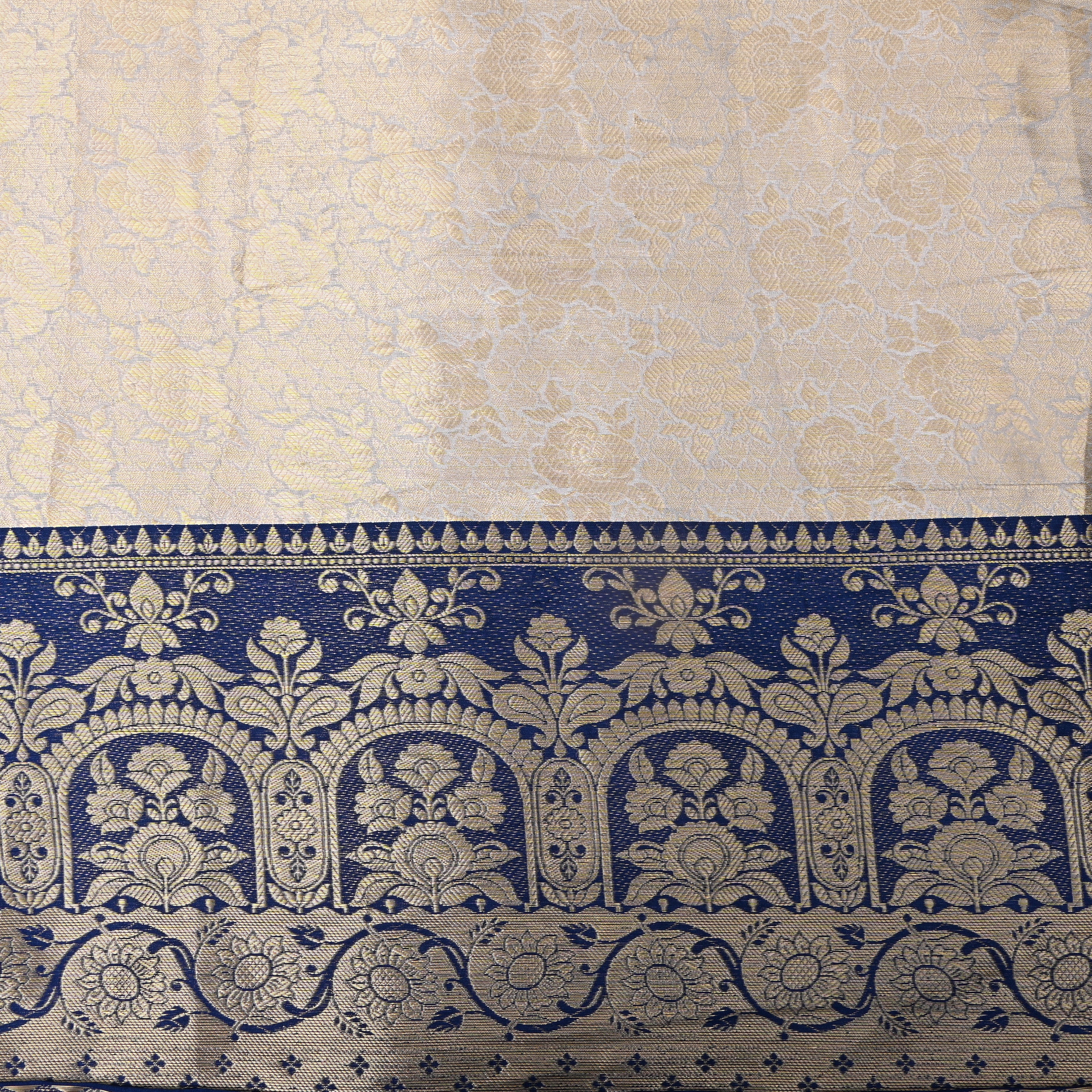 Ivory Cream Navy Border Jamawar Silk Fabric