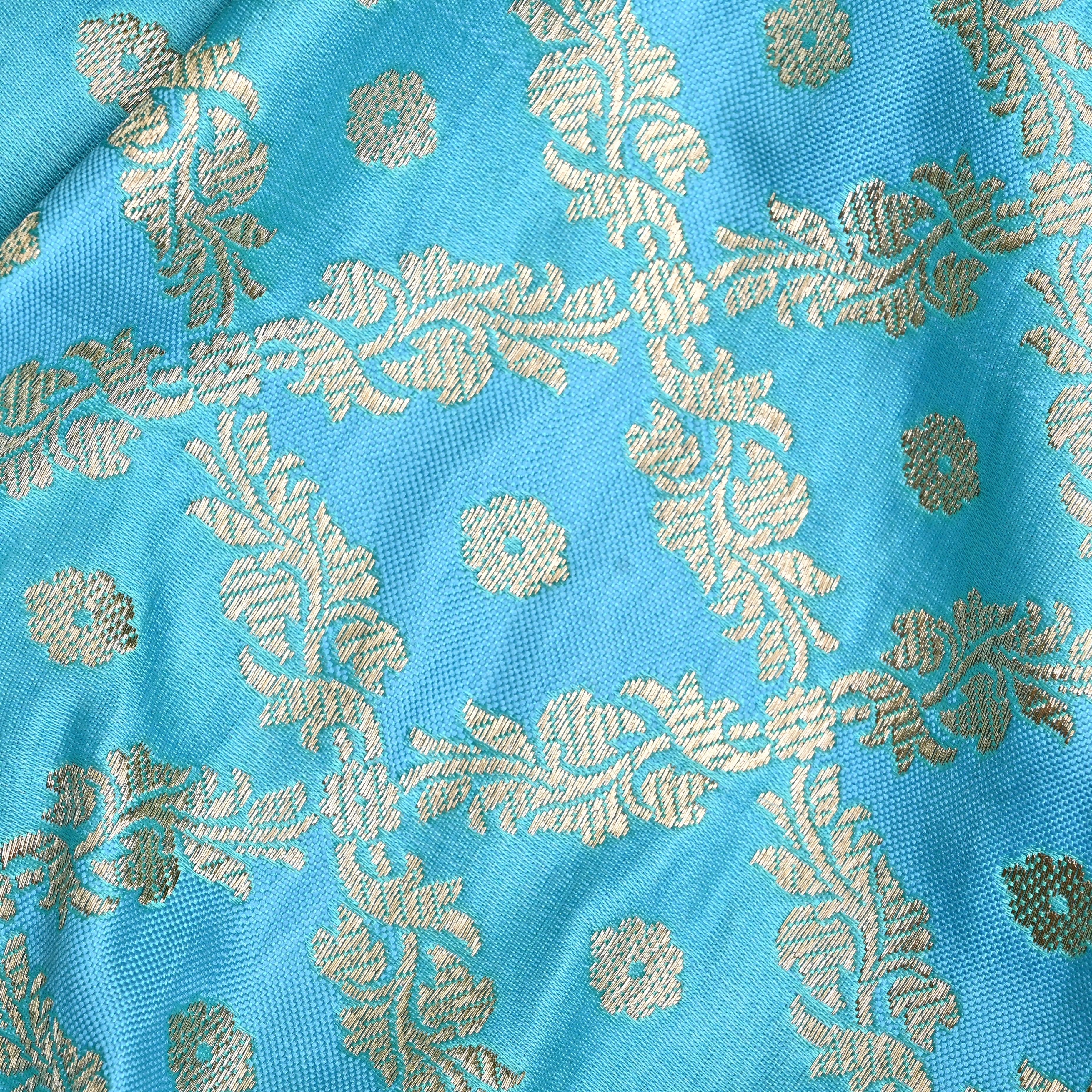 Cyan Blue Banarasi Fabric With Checks Pattern