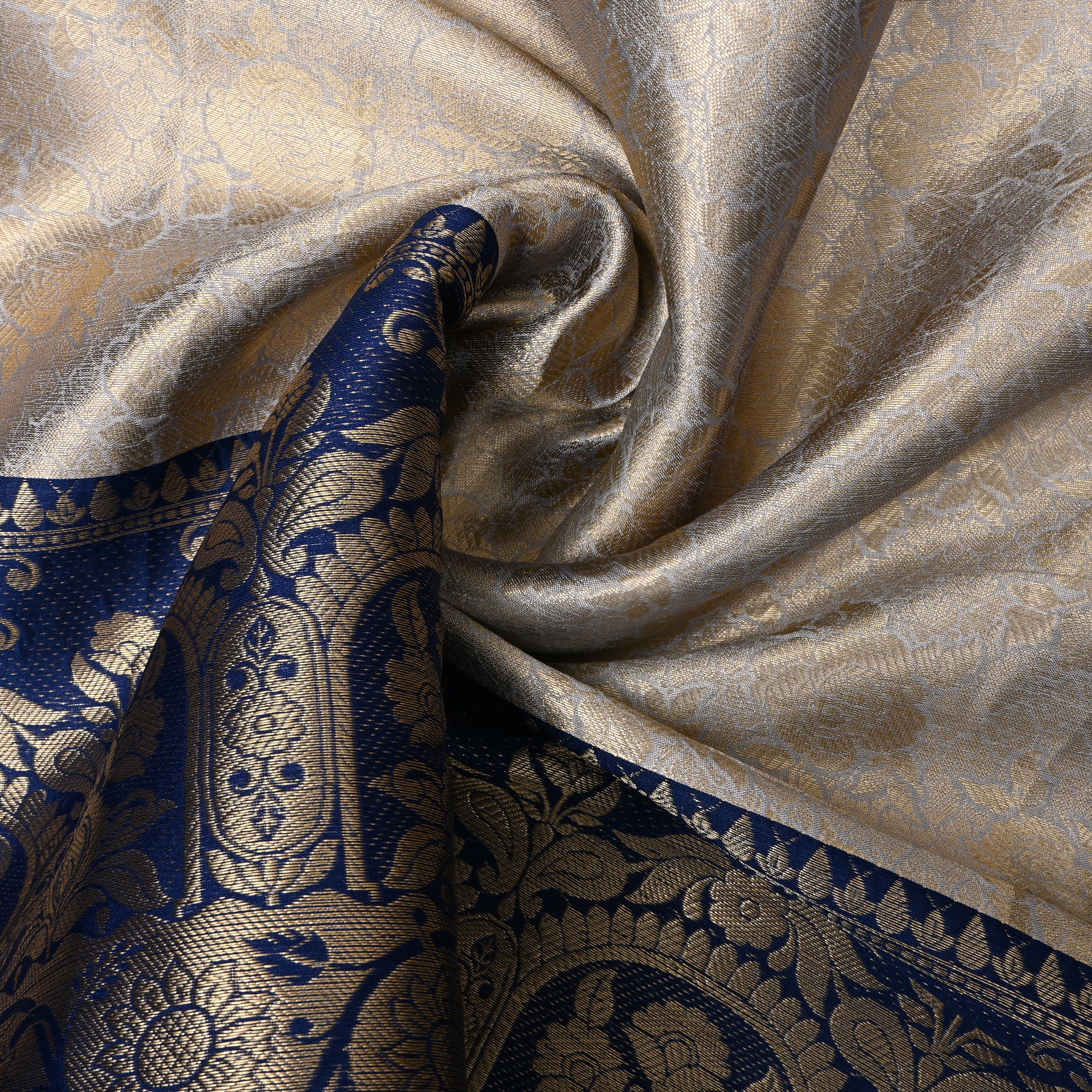 Ivory Cream Navy Border Jamawar Silk Fabric