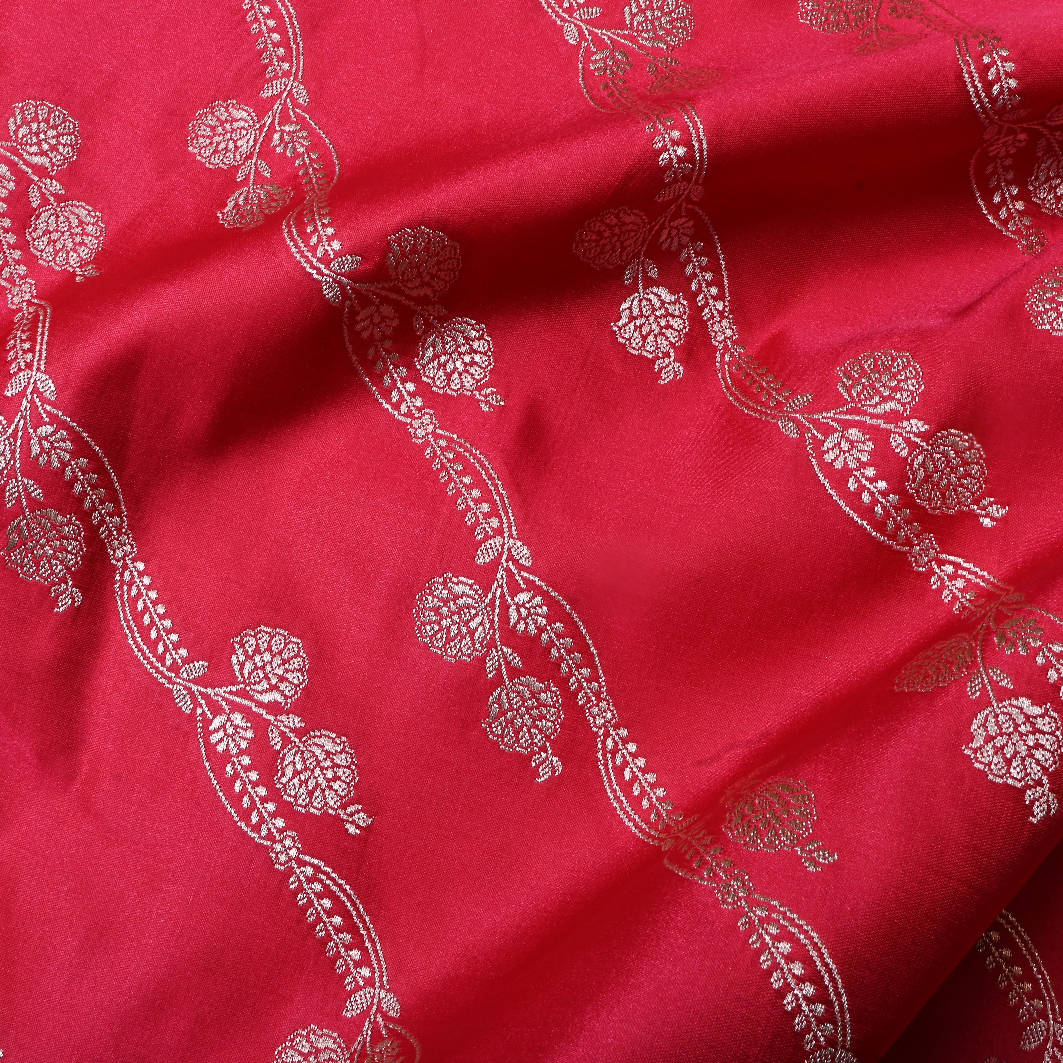 Crimson Pink Floral Woven Jamawar Satin Fabric
