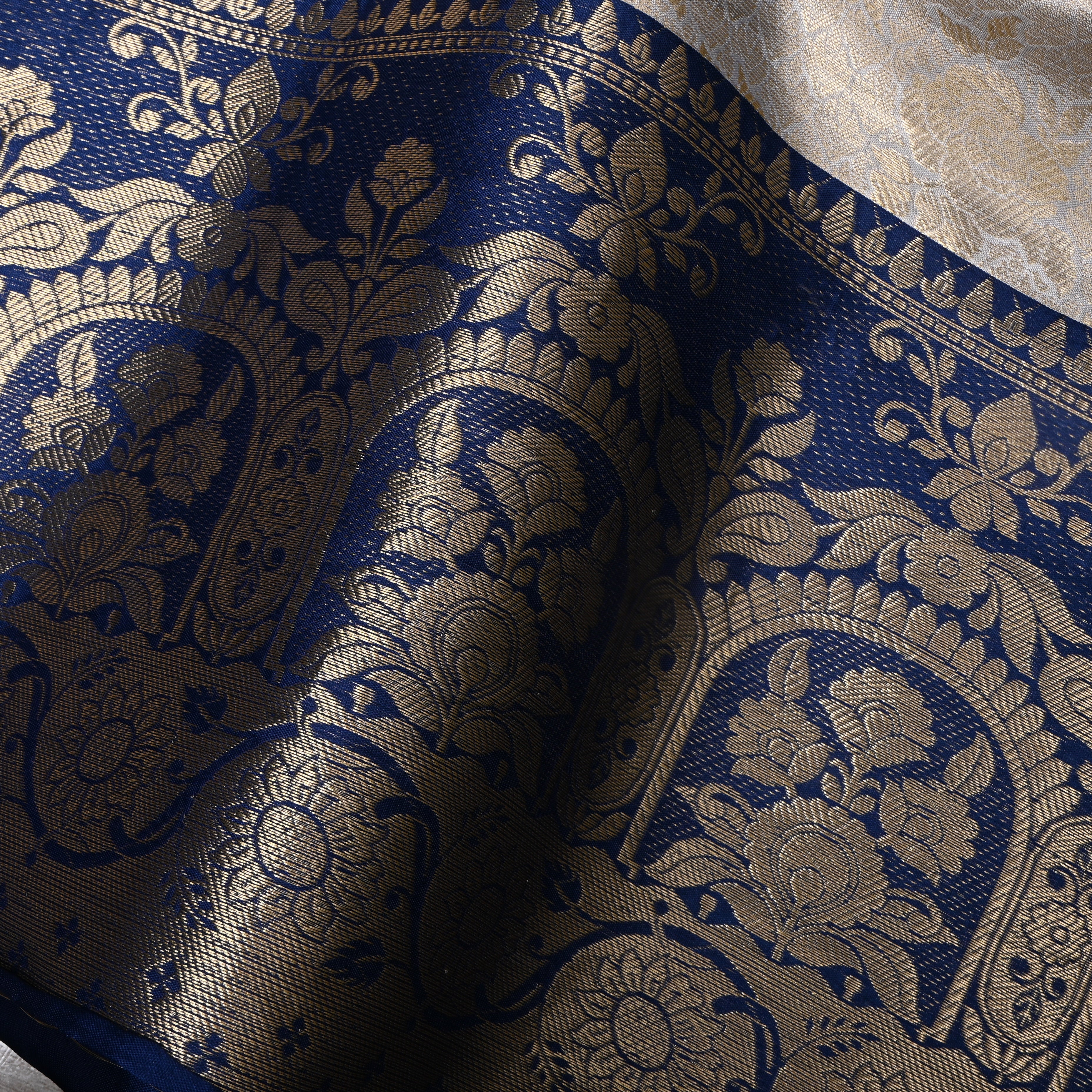 Ivory Cream Navy Border Jamawar Silk Fabric