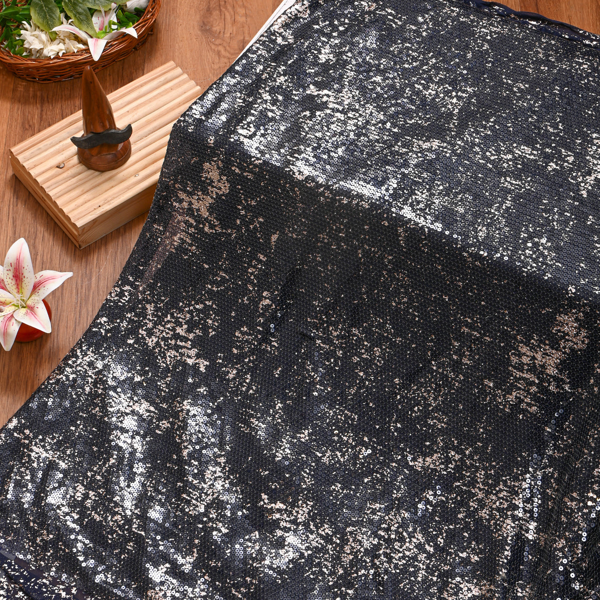 Jet Black Foil Sequin Streak Net Fabric