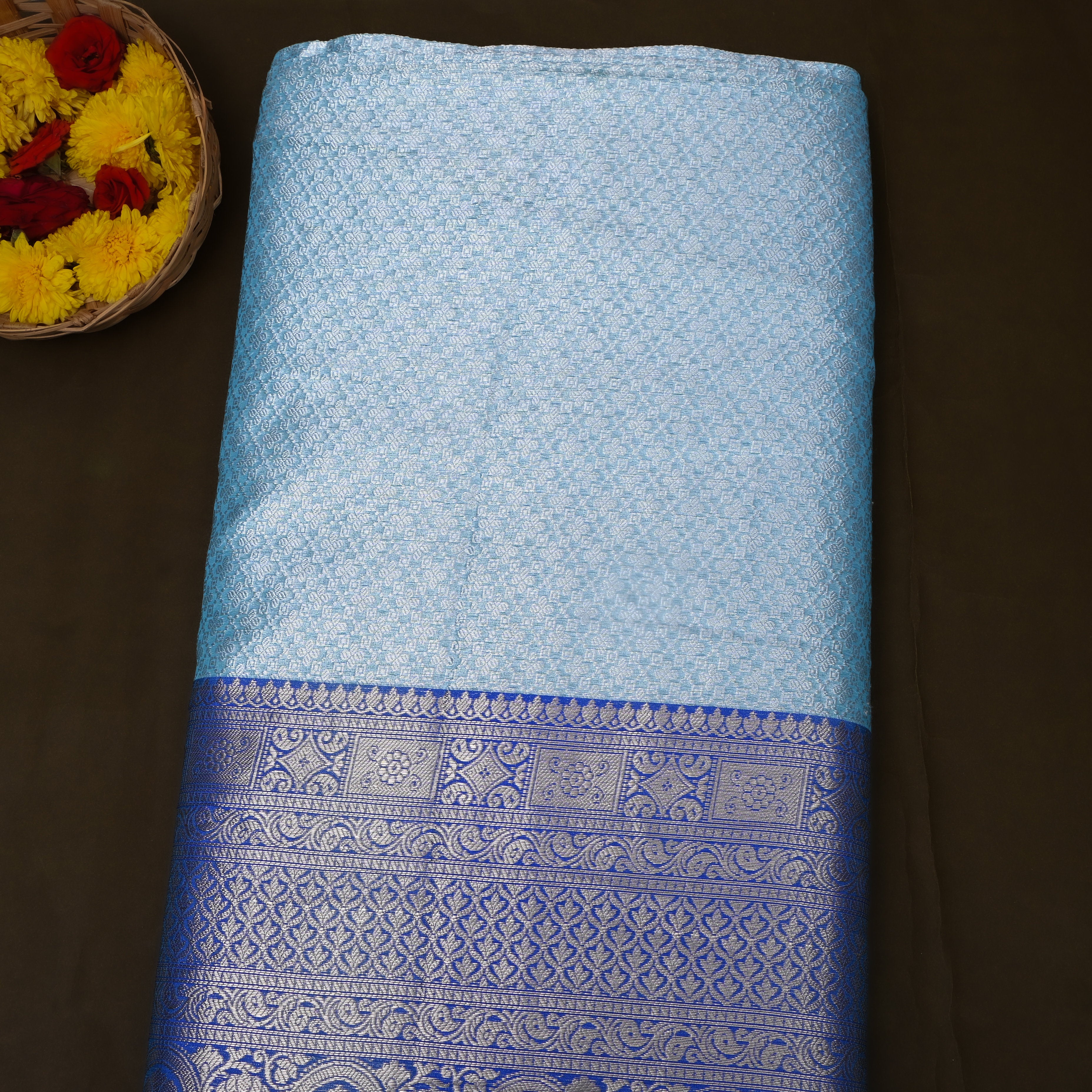 Powder Blue Royal Blue Temple Border Jamawar Silk Fabric