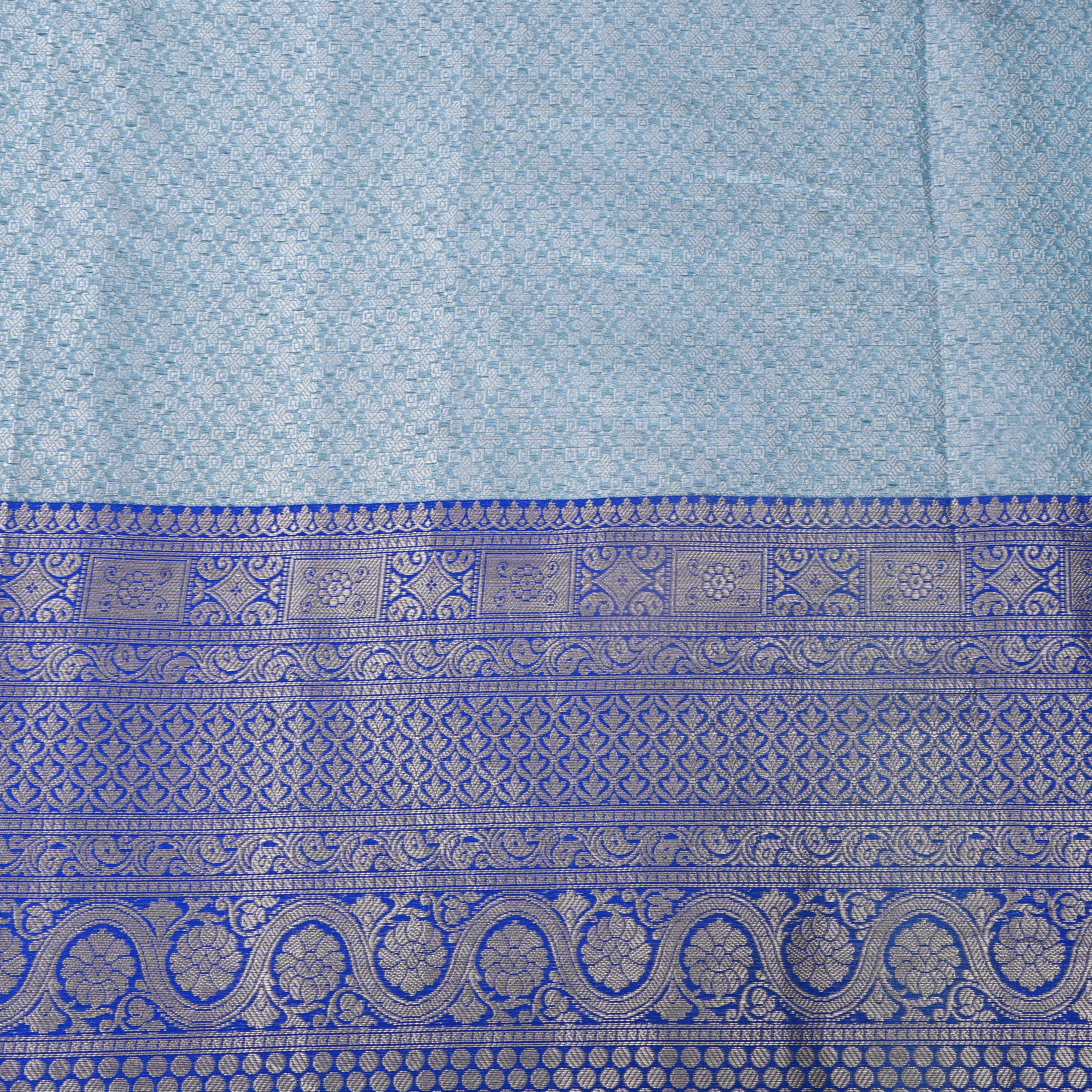 Powder Blue Royal Blue Temple Border Jamawar Silk Fabric
