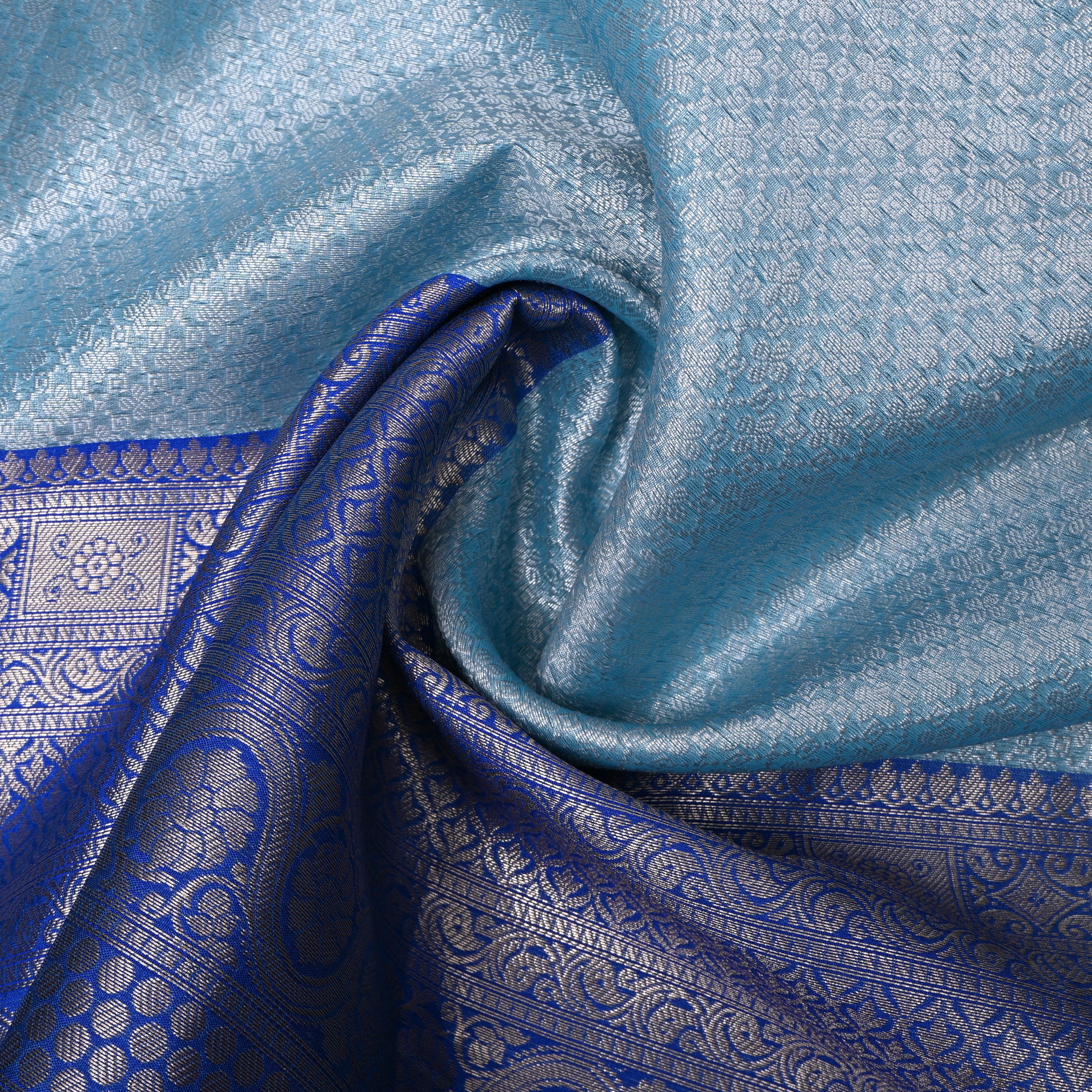 Powder Blue Royal Blue Temple Border Jamawar Silk Fabric