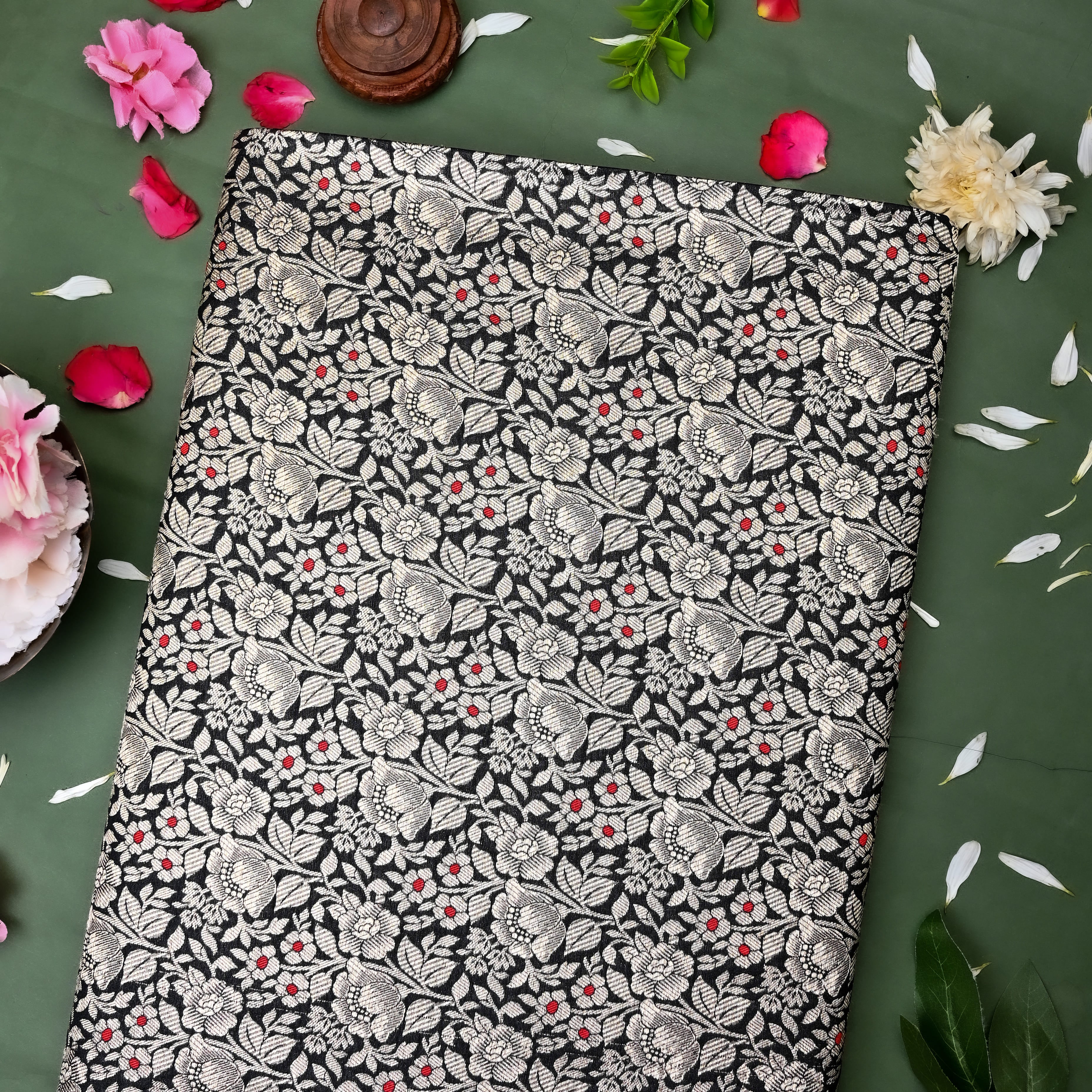 Black Jamawar Silk Fabric With Floral Jaal Weaving
