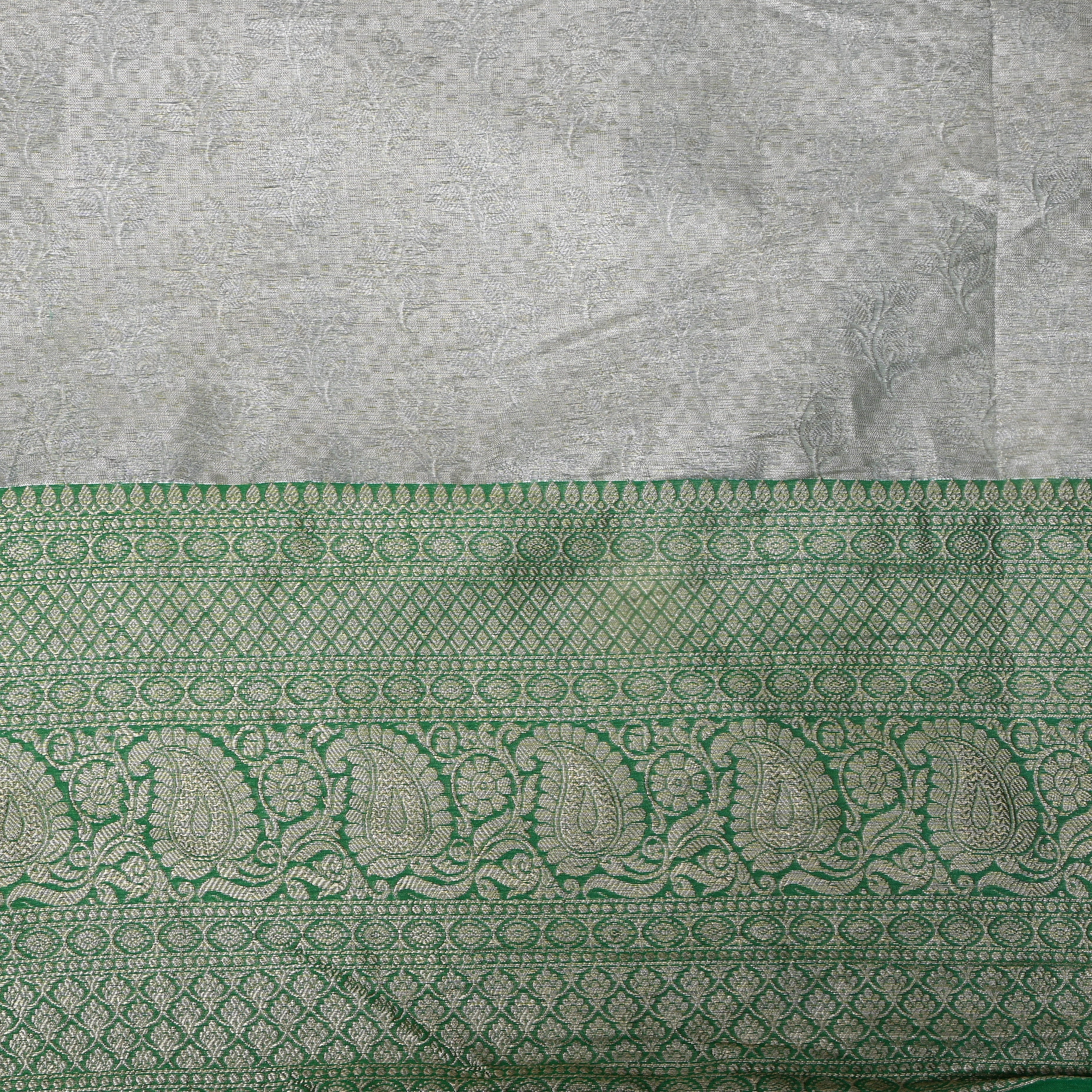 Silver Green Paisley Border Jamawar Silk Fabric
