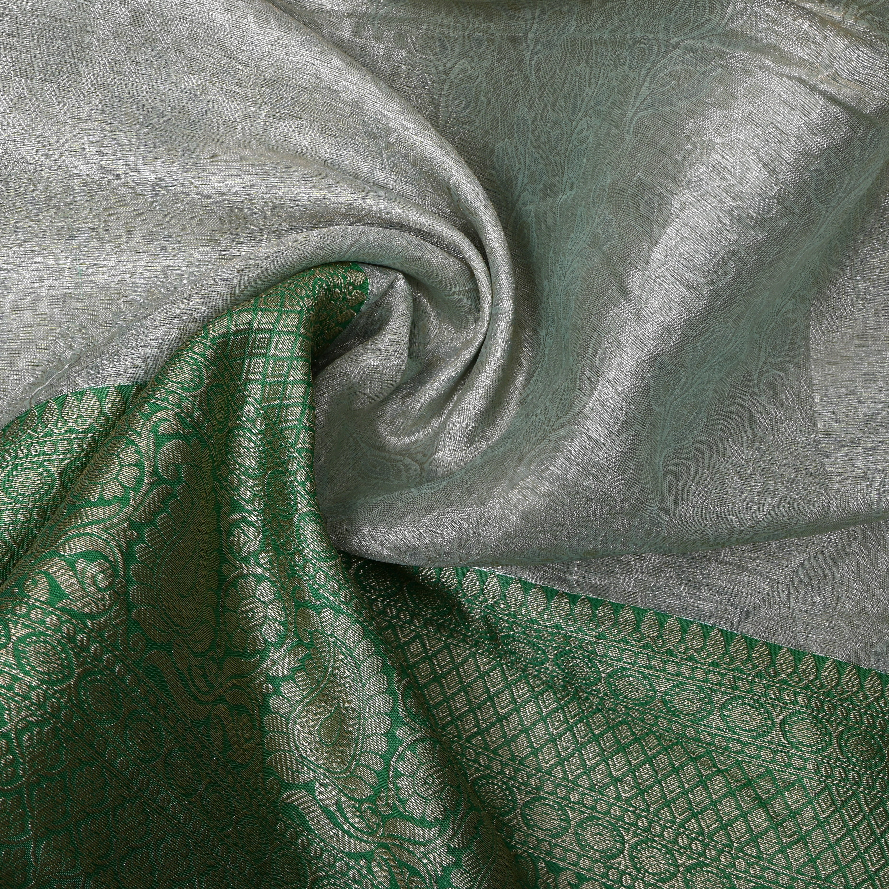 Silver Green Paisley Border Jamawar Silk Fabric
