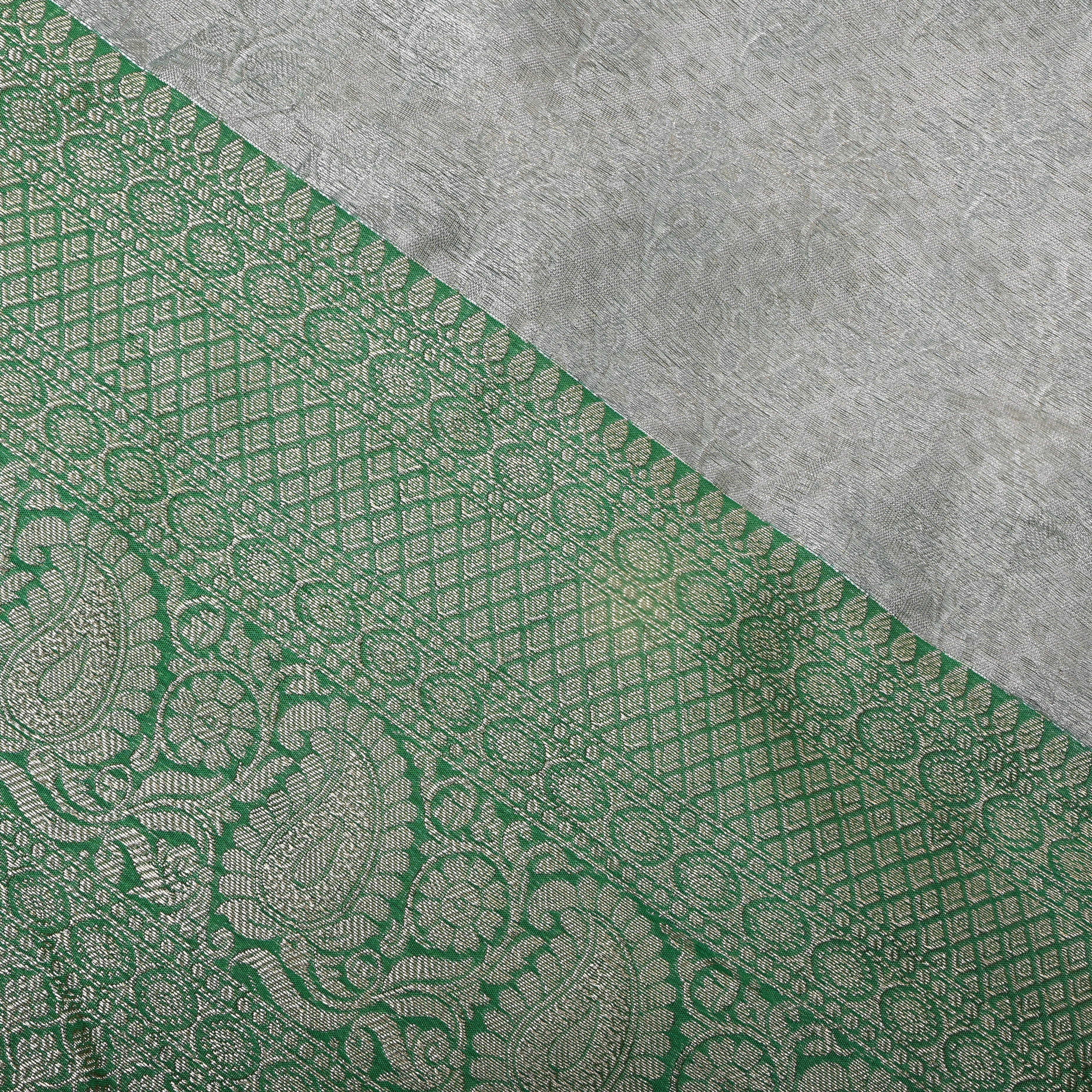 Silver Green Paisley Border Jamawar Silk Fabric