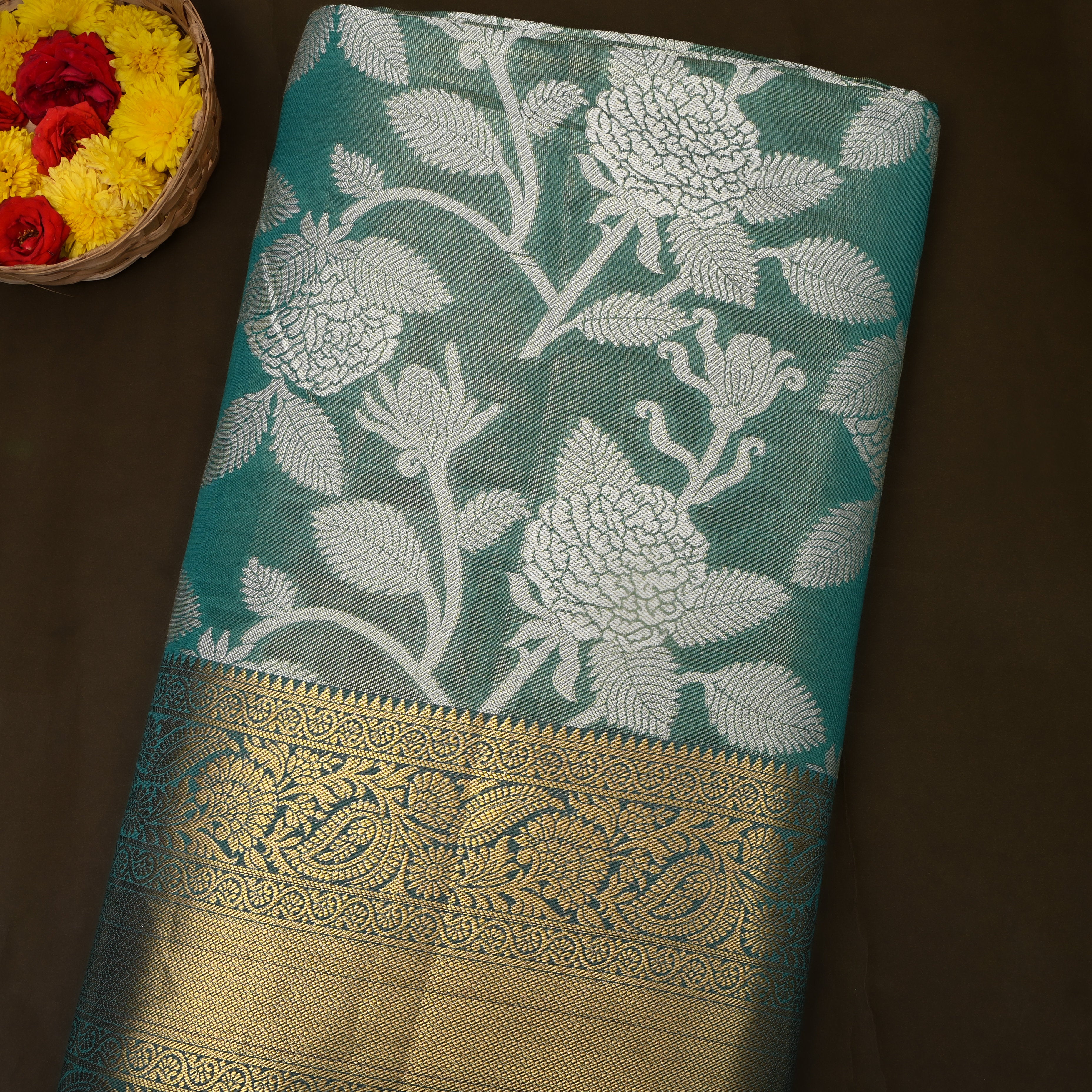 Teal Green Gold Zari Floral Jaal Kanchi Fabric