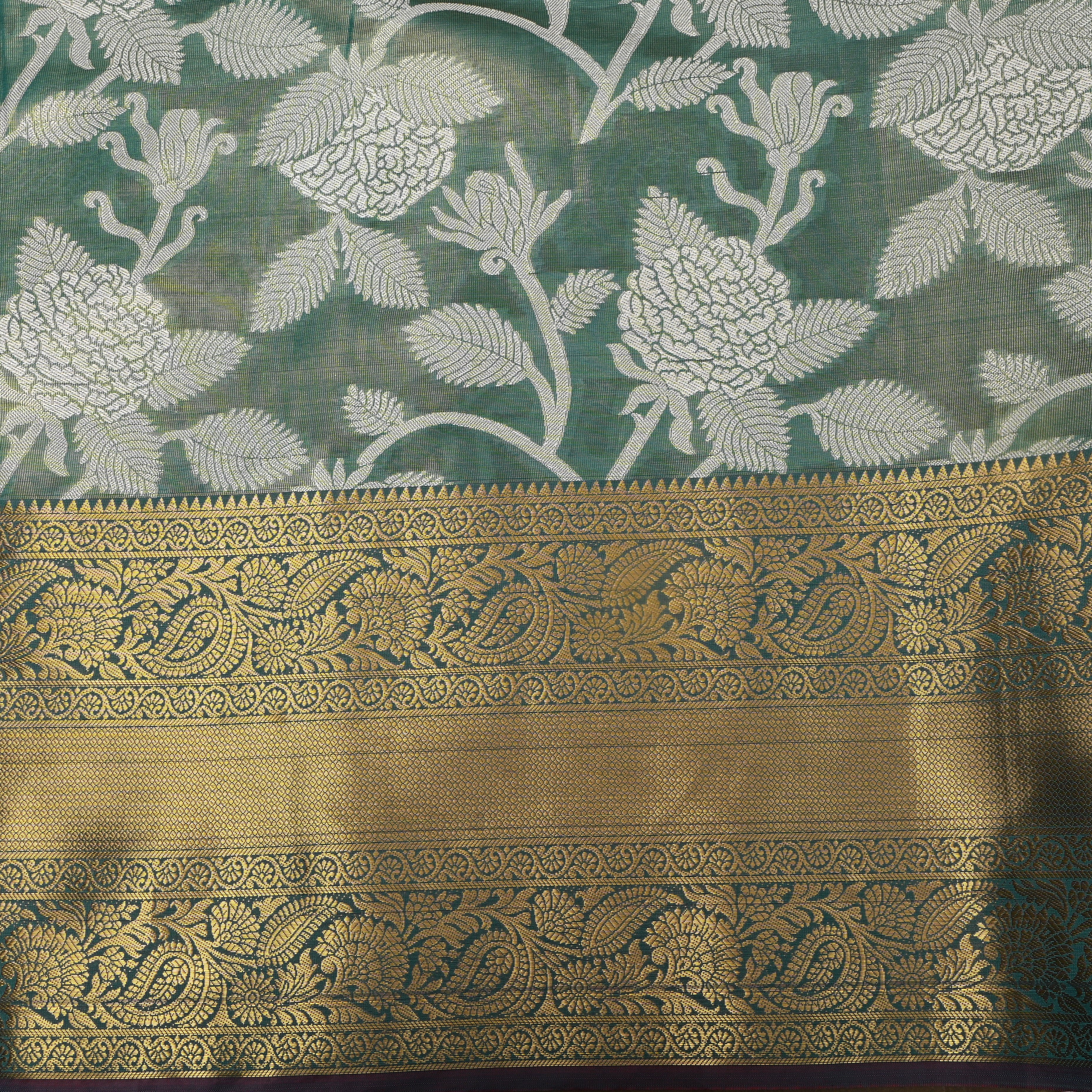 Teal Green Gold Zari Floral Jaal Kanchi Fabric