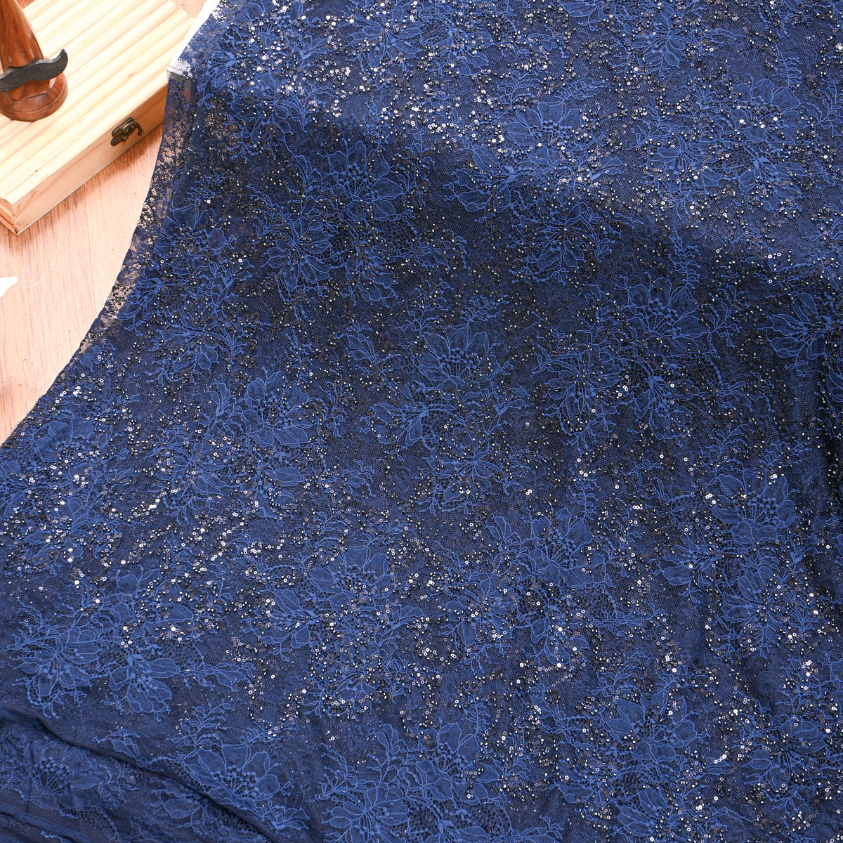 Midnight Navy Floral Lace Sequin Net Fabric