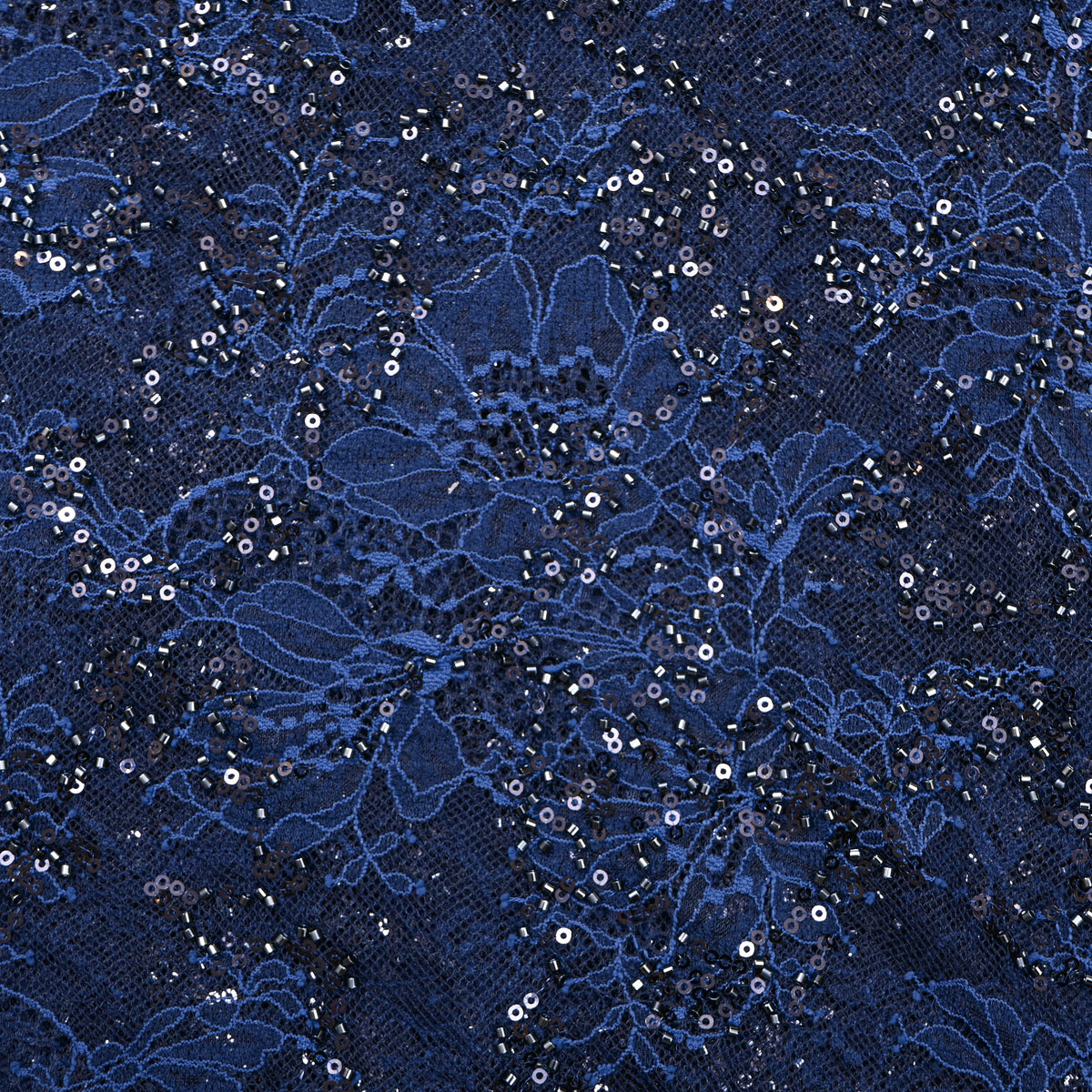 Midnight Navy Floral Lace Sequin Net Fabric