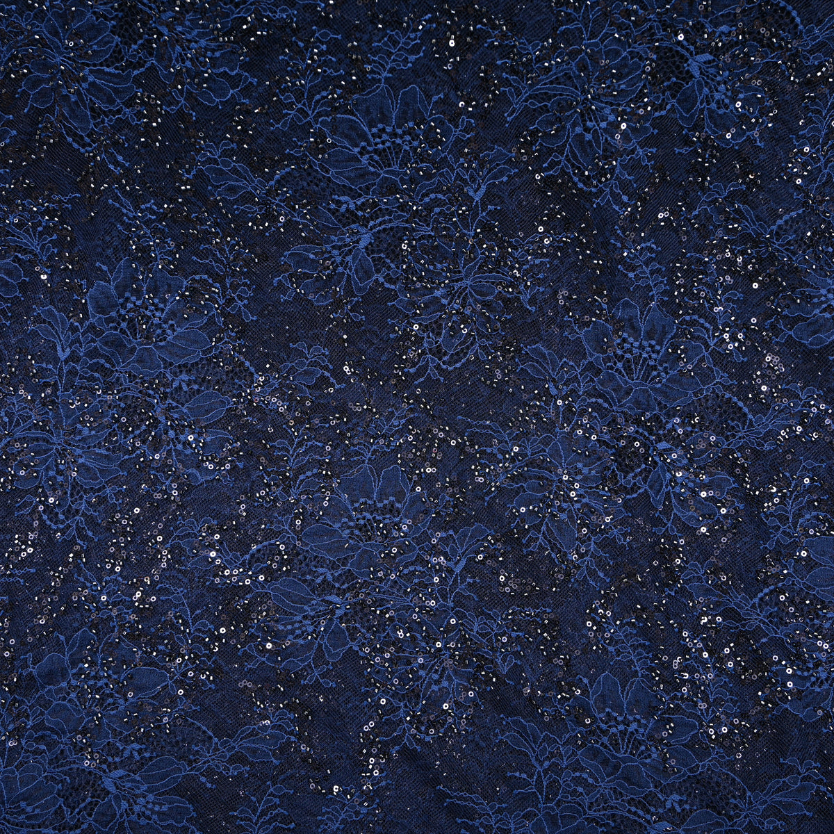 Midnight Navy Floral Lace Sequin Net Fabric