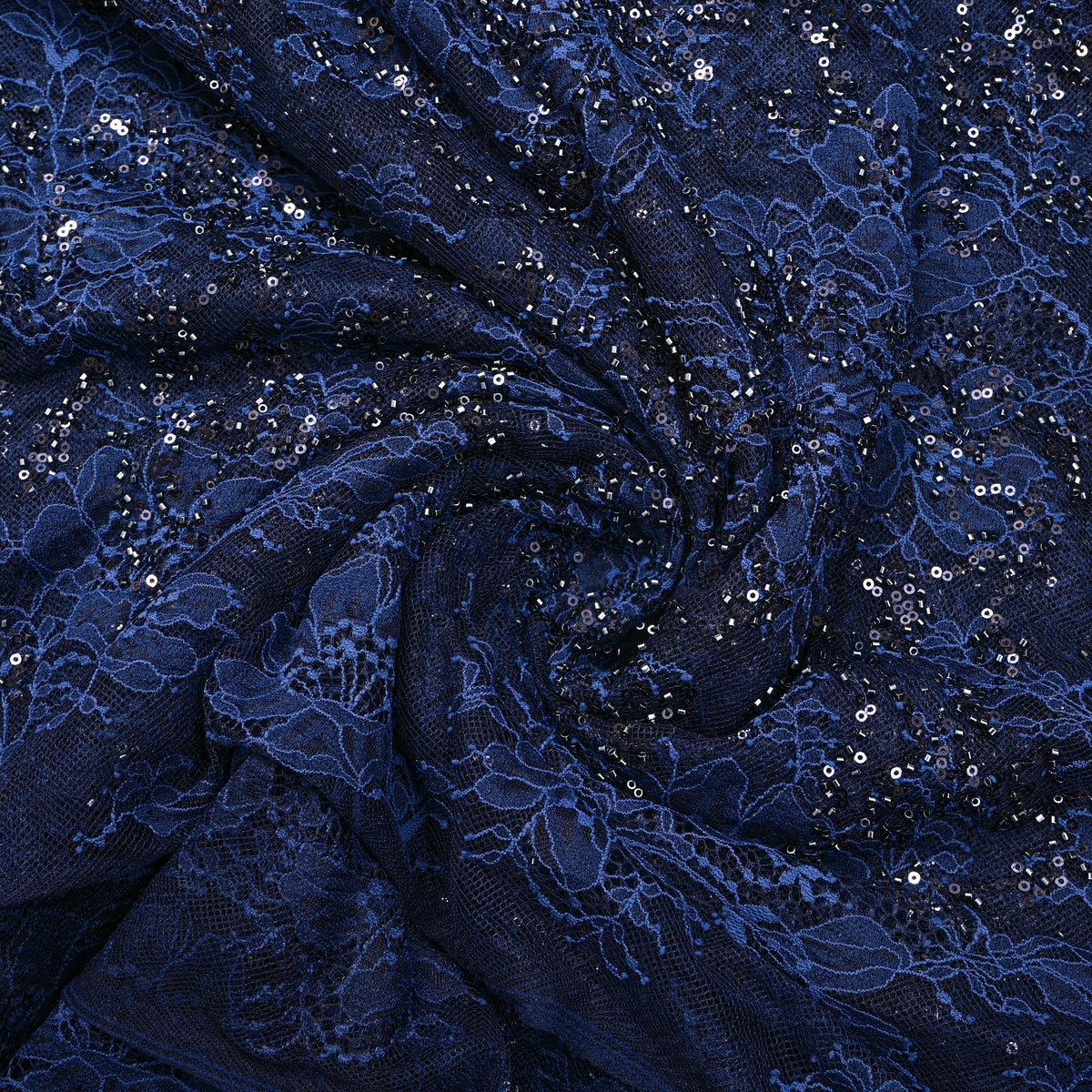 Midnight Navy Floral Lace Sequin Net Fabric