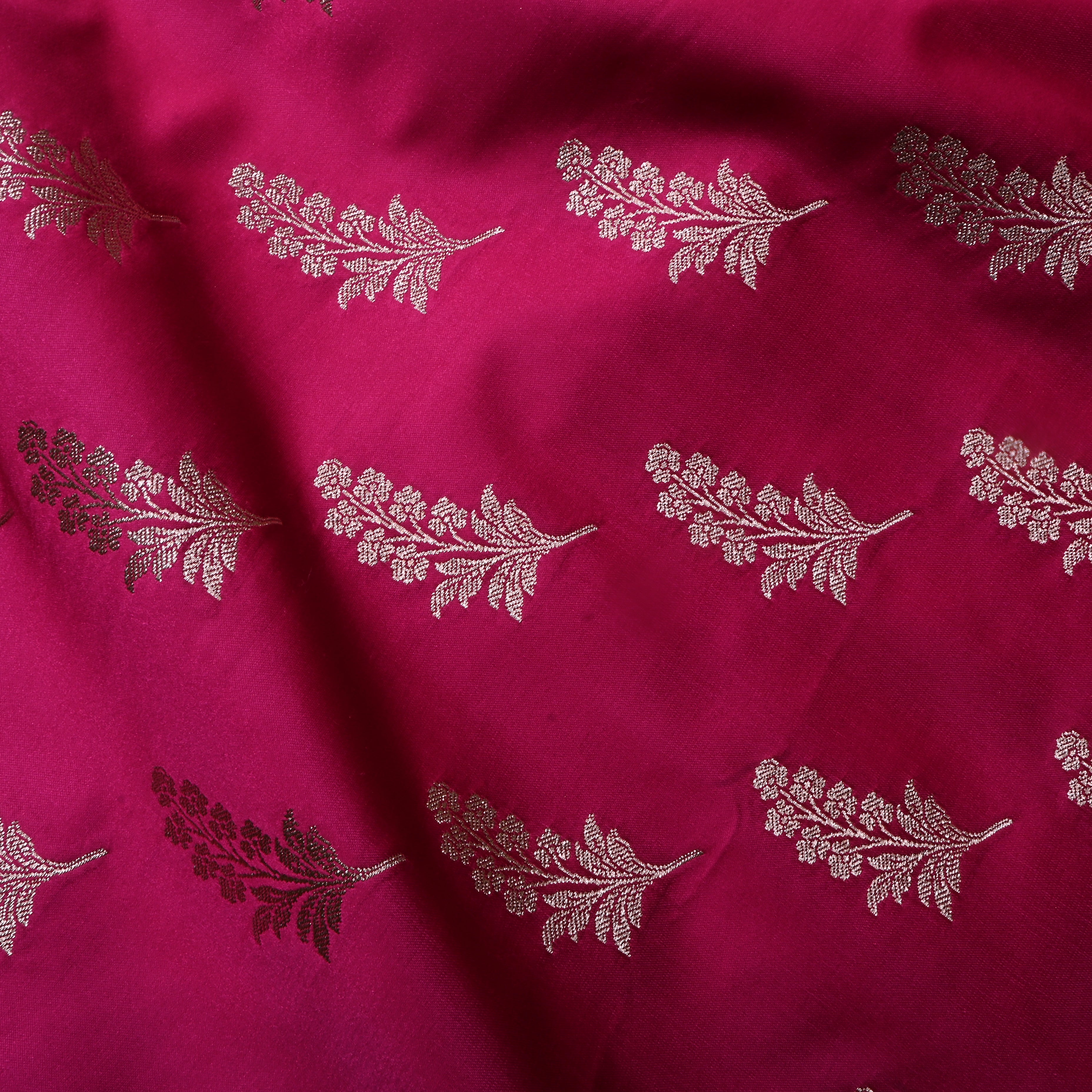 Rich Pink Floral Woven Jamawar Satin Fabric