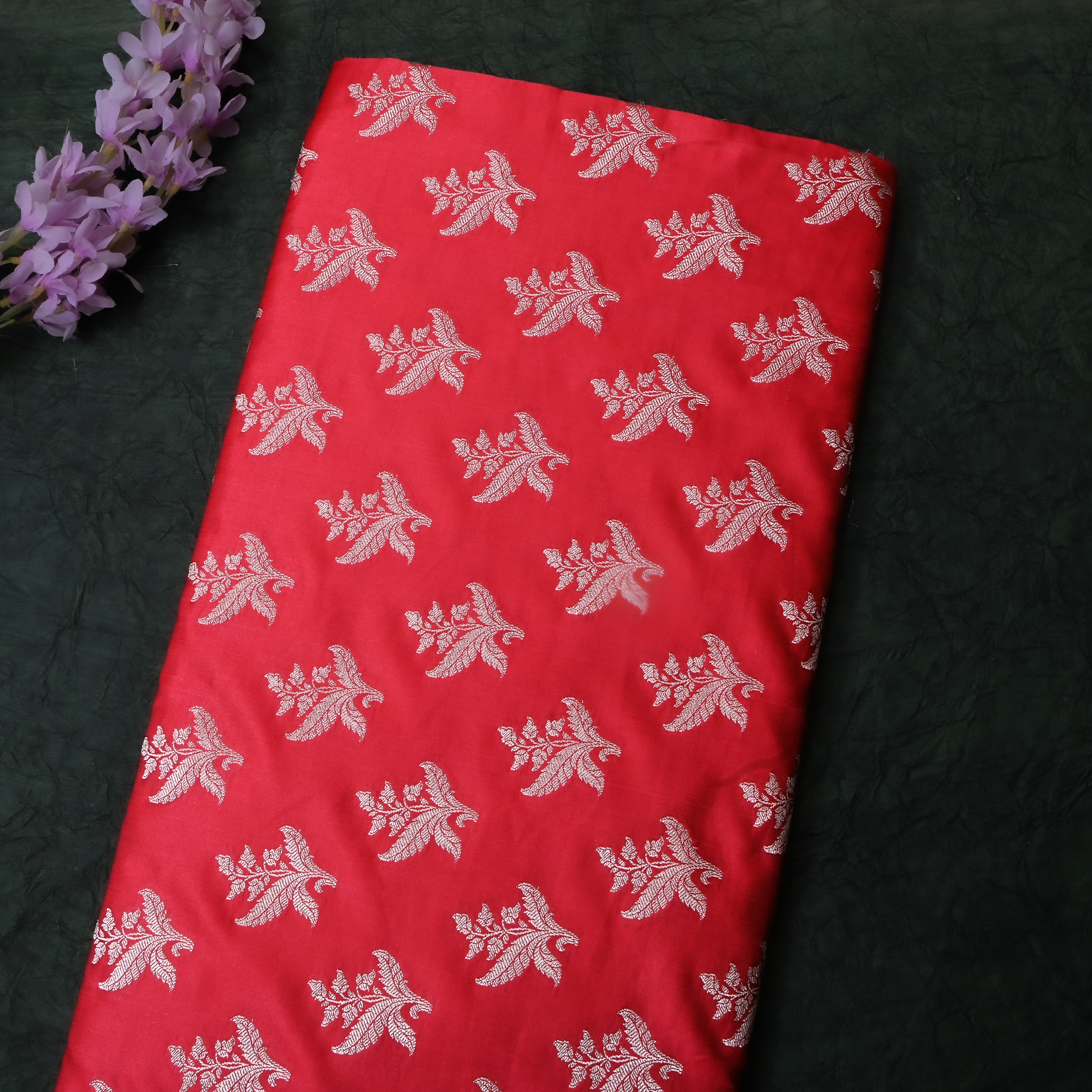 Reddish Pink Floral Woven Jamawar Satin Fabric