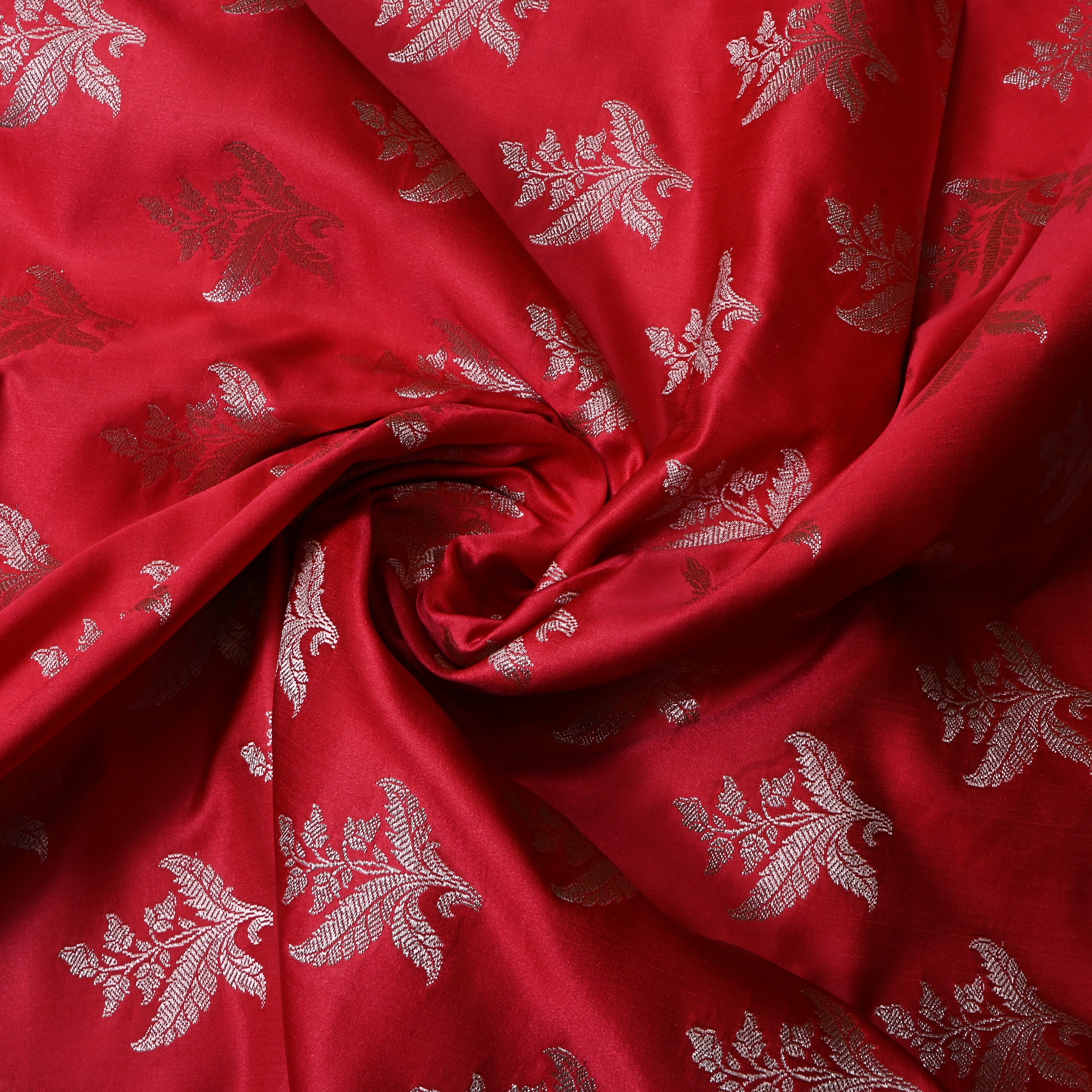 Reddish Pink Floral Woven Jamawar Satin Fabric