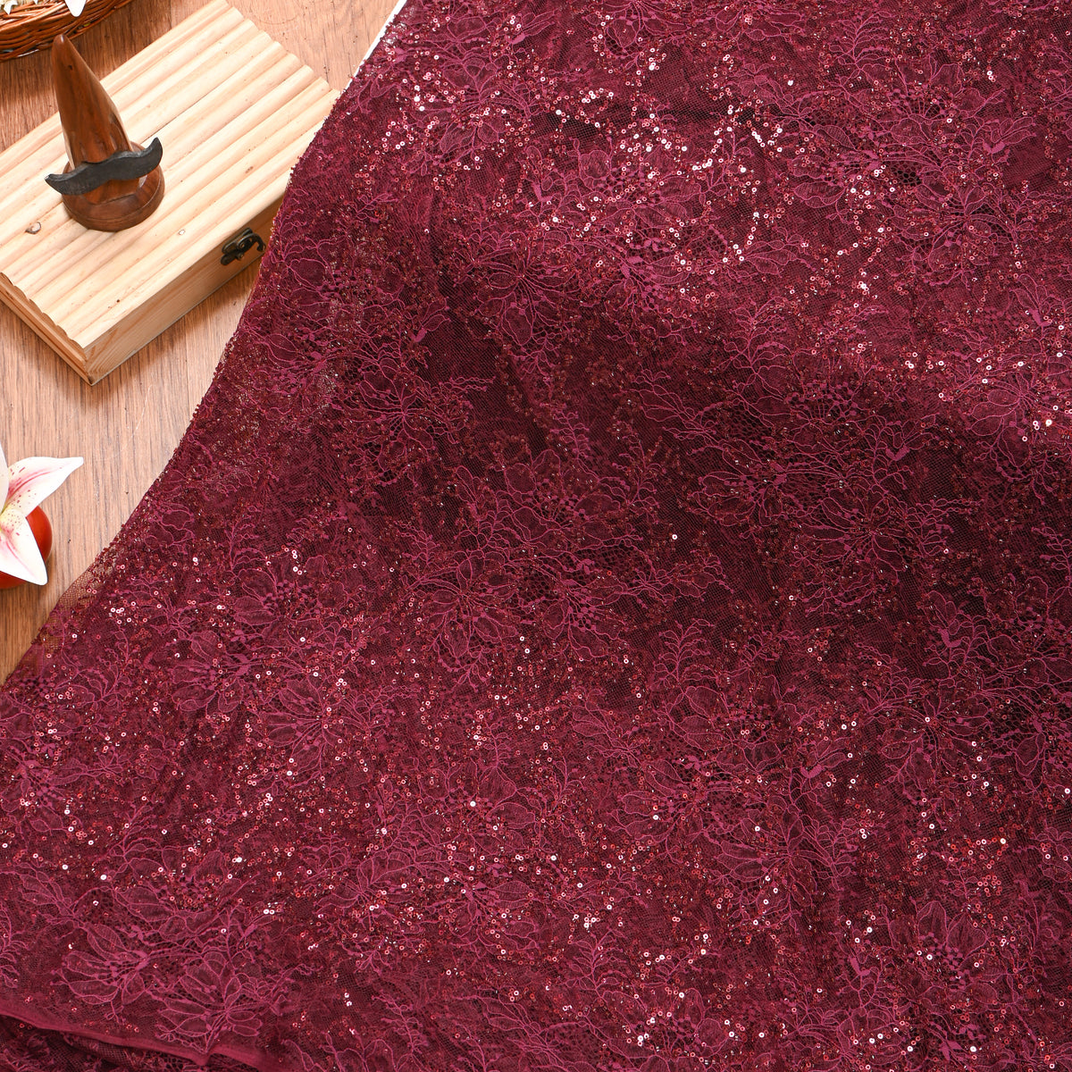 Dark Maroon All-Over Sequin Floral Net Fabric