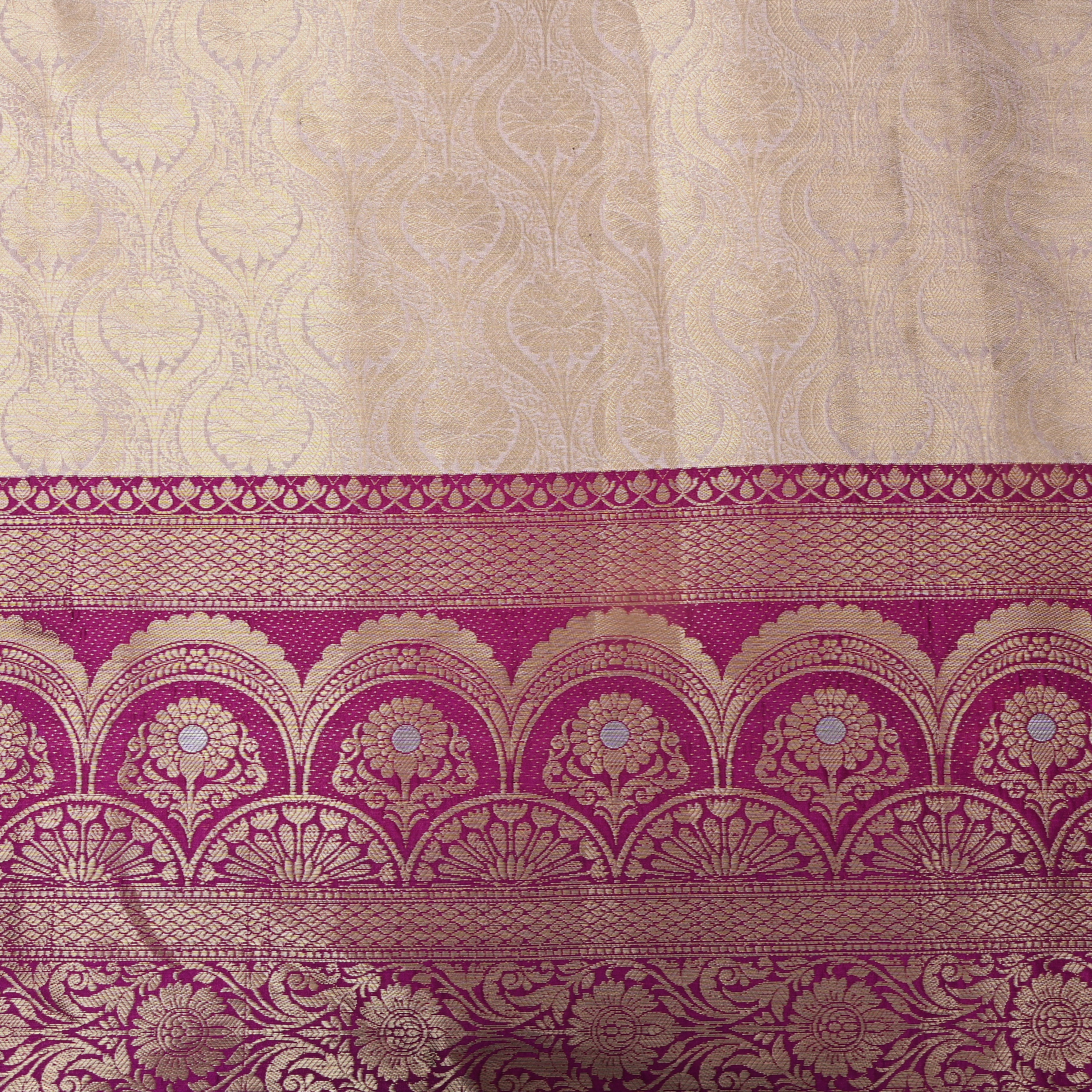 Ivory Turquoise Temple Border Jamawar Silk Fabric