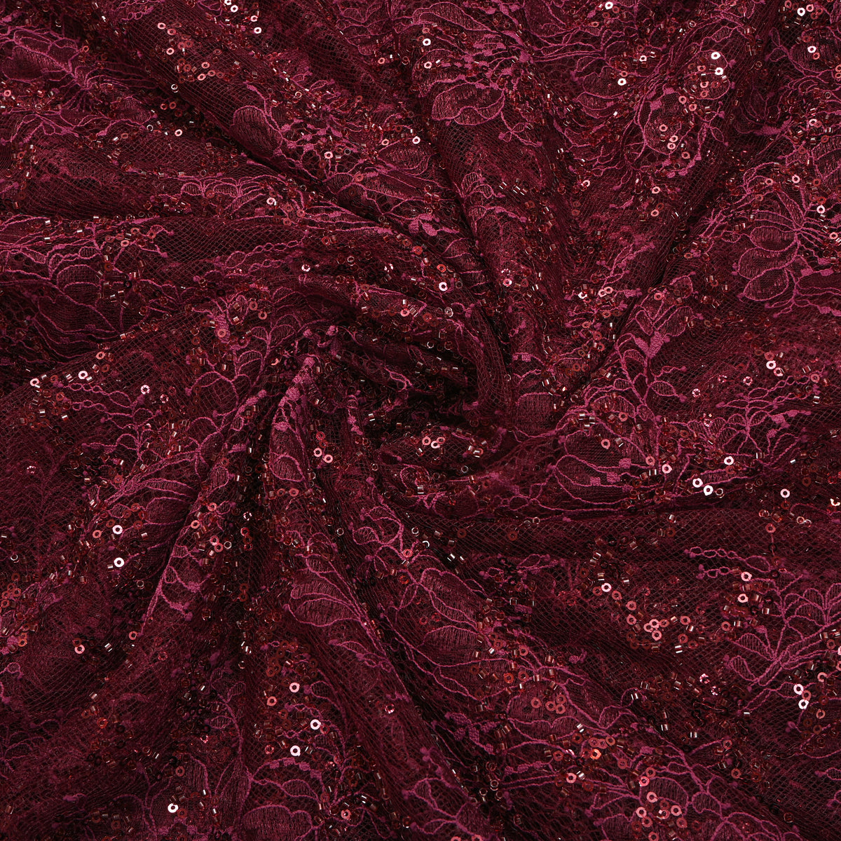 Dark Maroon All-Over Sequin Floral Net Fabric