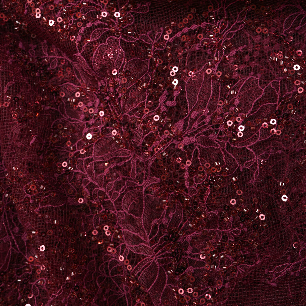 Dark Maroon All-Over Sequin Floral Net Fabric
