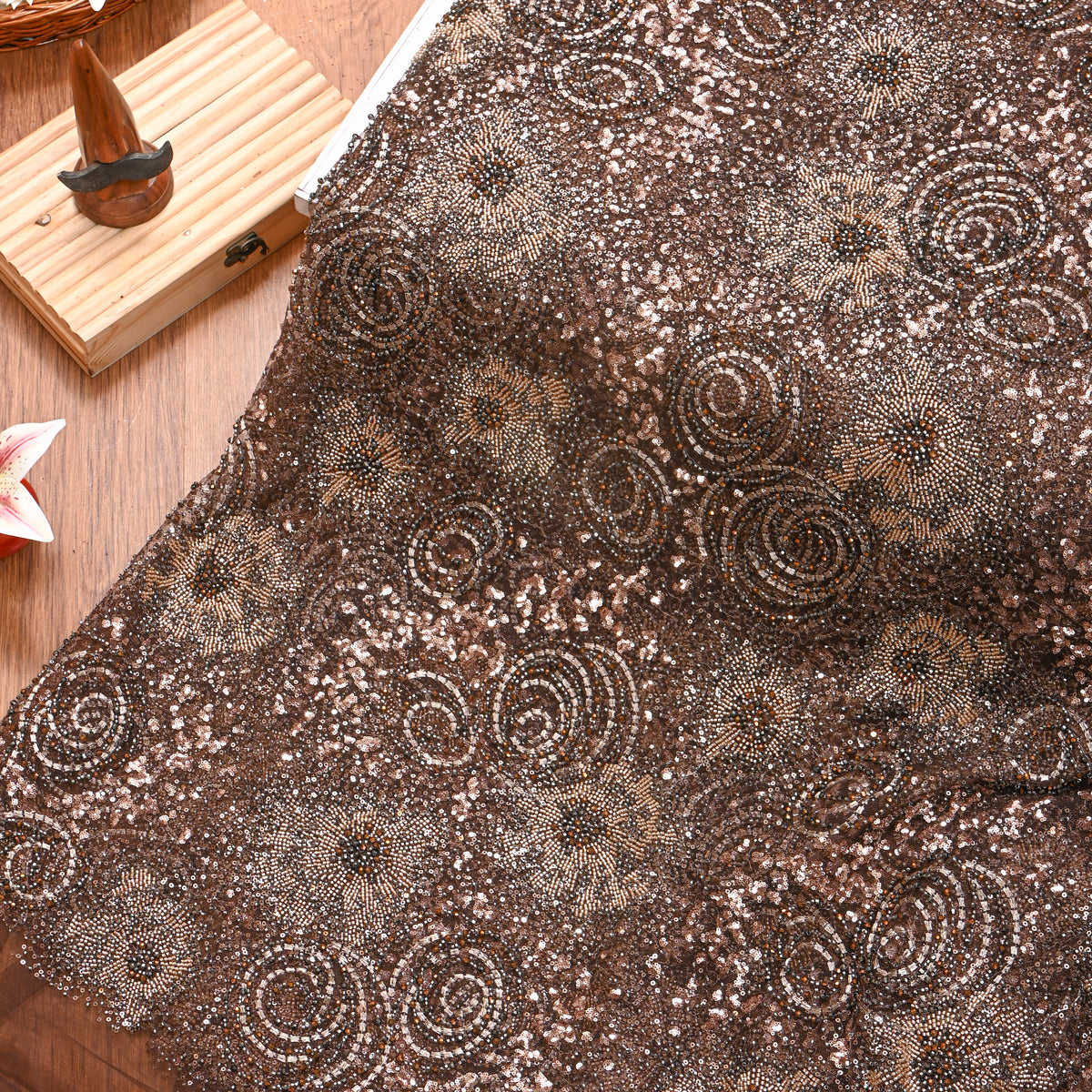 Cocoa Brown Sequin Medallion Net Fabric