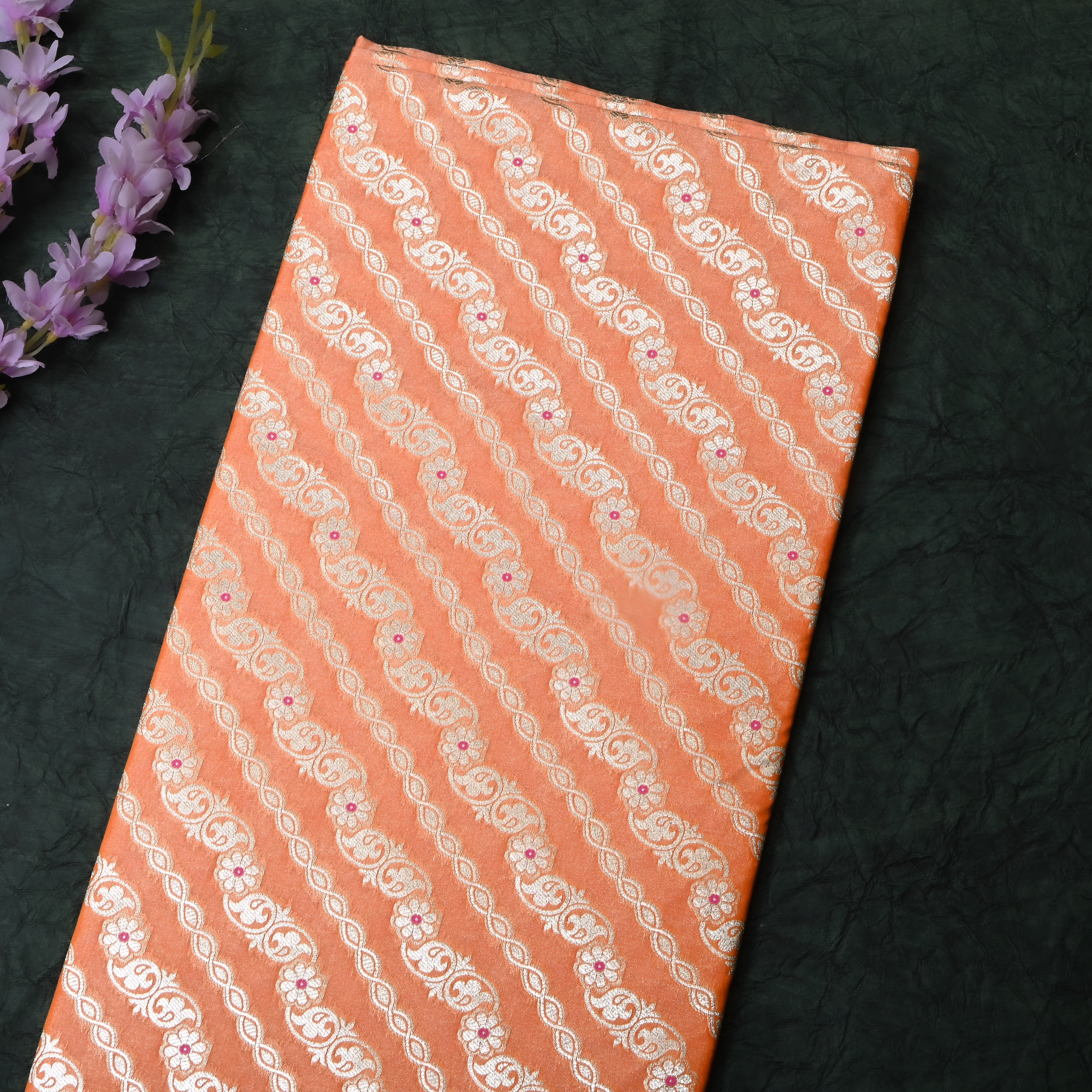 Carrot Orange Floral Jamawar Silk Fabric