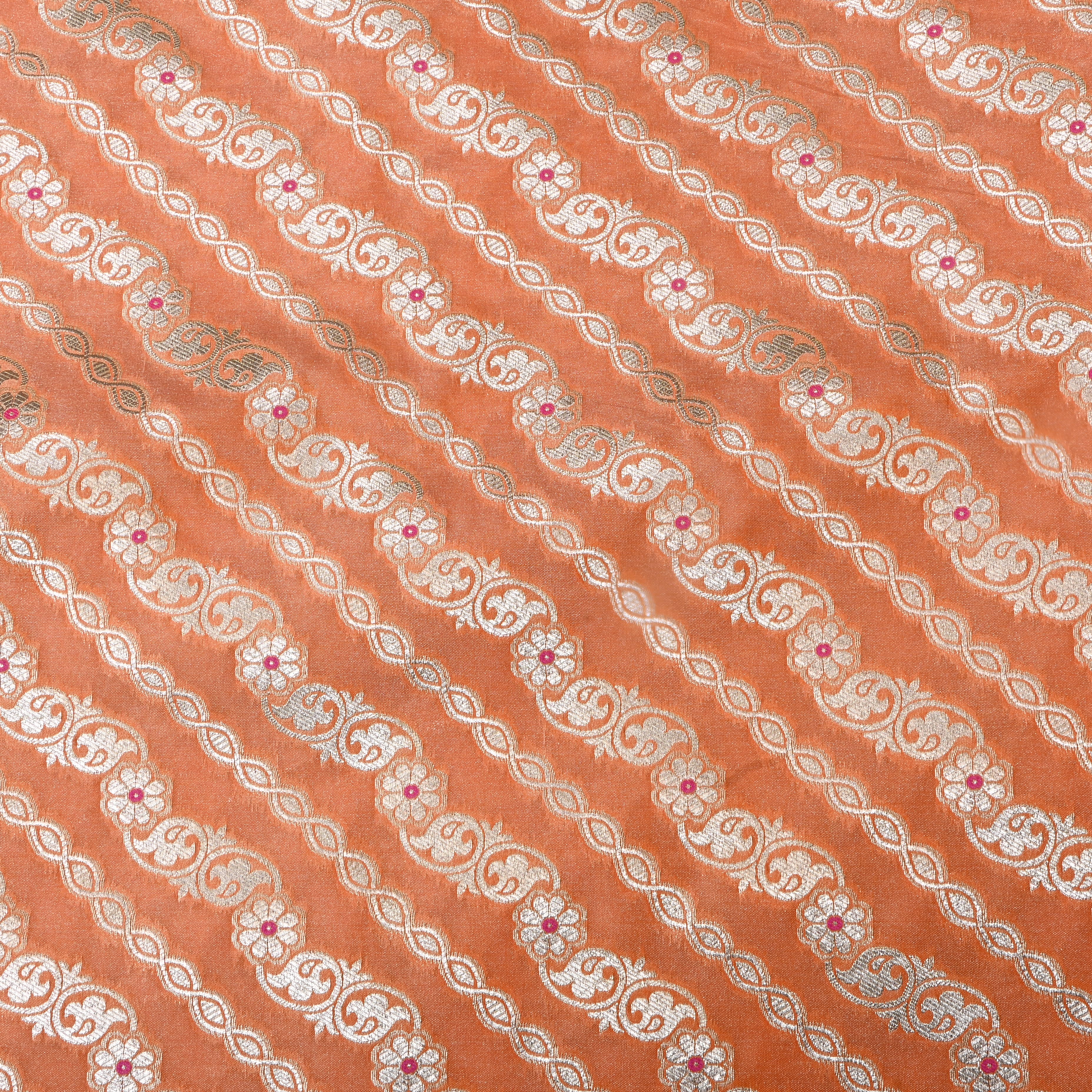 Carrot Orange Floral Jamawar Silk Fabric